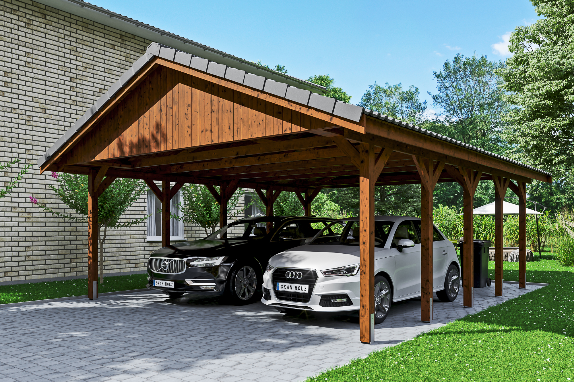 Ambientebild: Carport Wallgau 620 x 750 cm, mit Dachziegeln, farblich behandelt in nussbaum