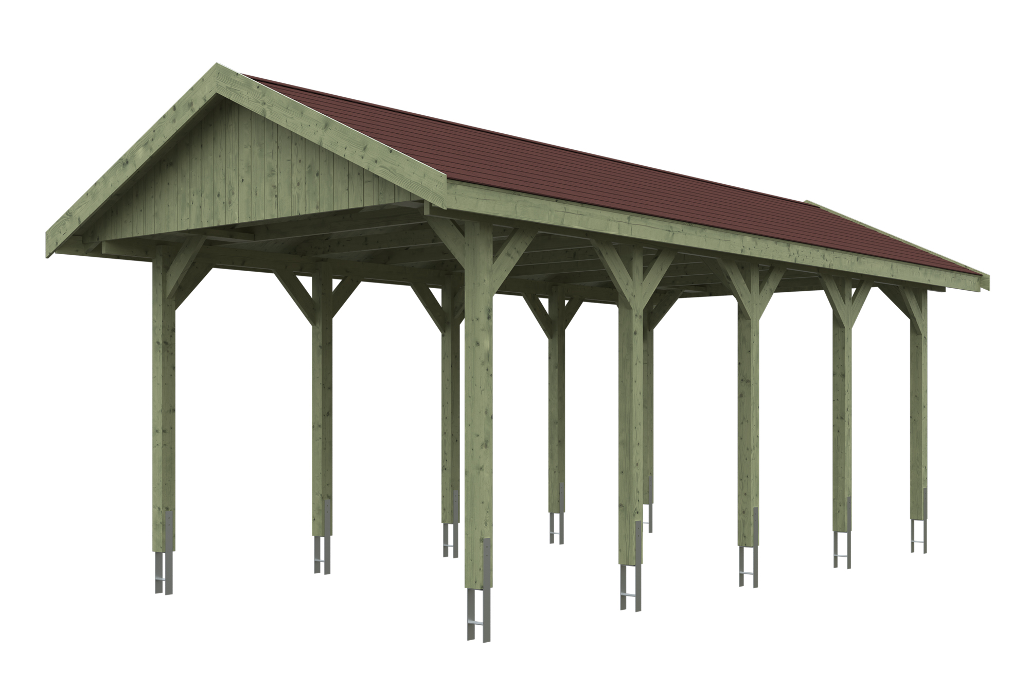 Produktbild: Carport Wallgau 380 x 750 cm, mit roten Dachschindeln, grün imprägniert