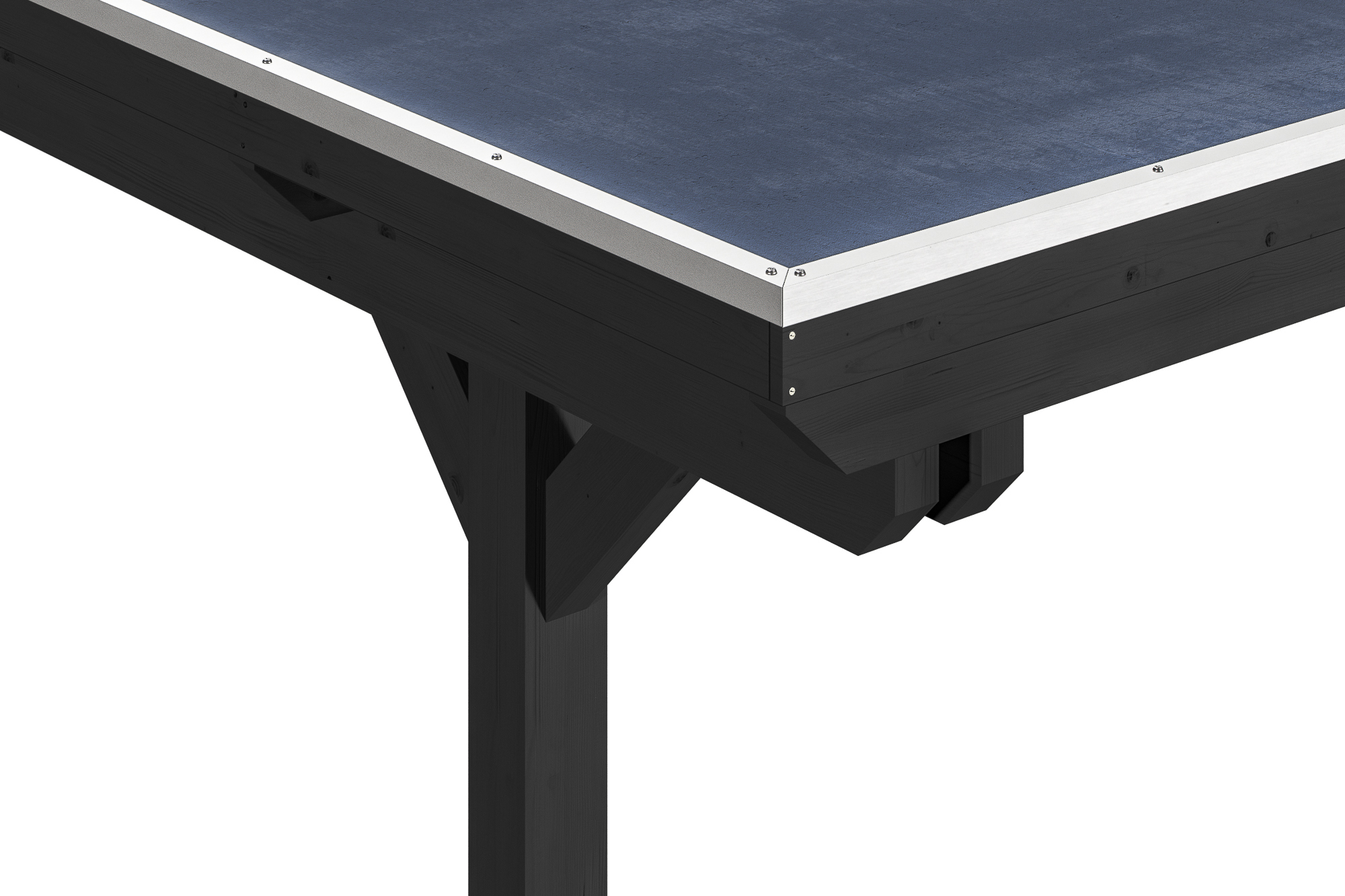 Detailbild: Konstruktion beim Carport Emsland von oben (Pfosten, Doppelpfette, EPDM-Dachfolie und Blende mit Aluminiumabschlusskante), farblich behandelt in anthrazit