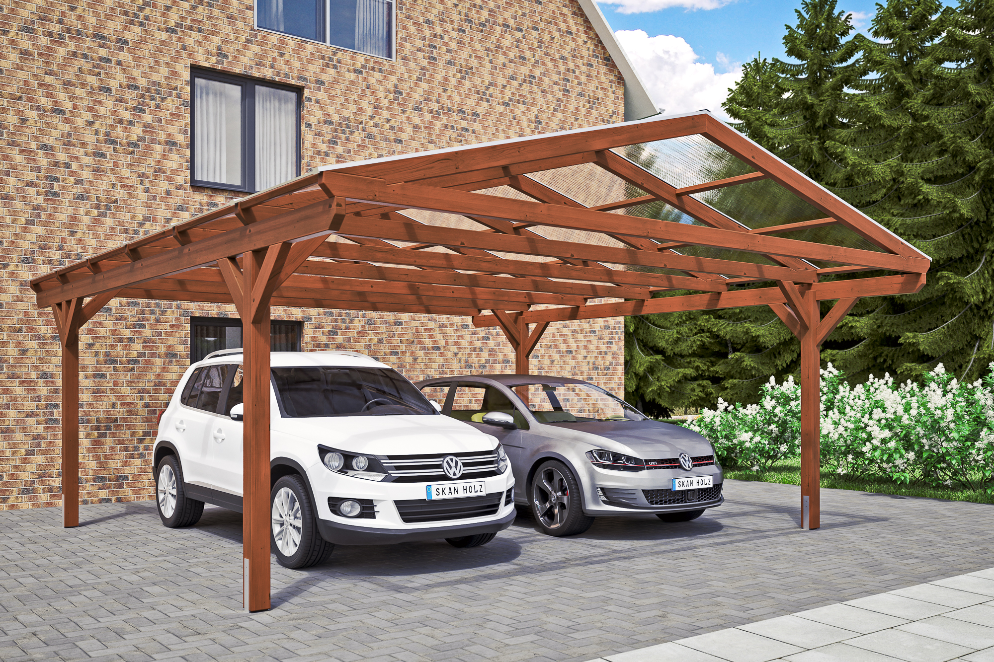 Carport Westerwald 570 x 648 cm, gelakt in noten, met polycarbonaatplaten