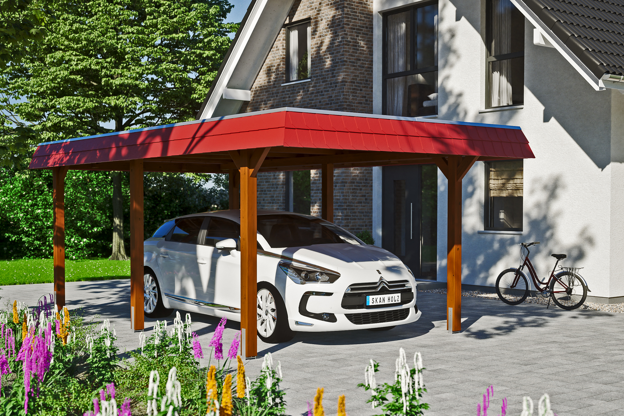 Ambientebild: Carport Wendland 362 x 628 cm, mit roter Blende, farblich behandelt in nussbaum