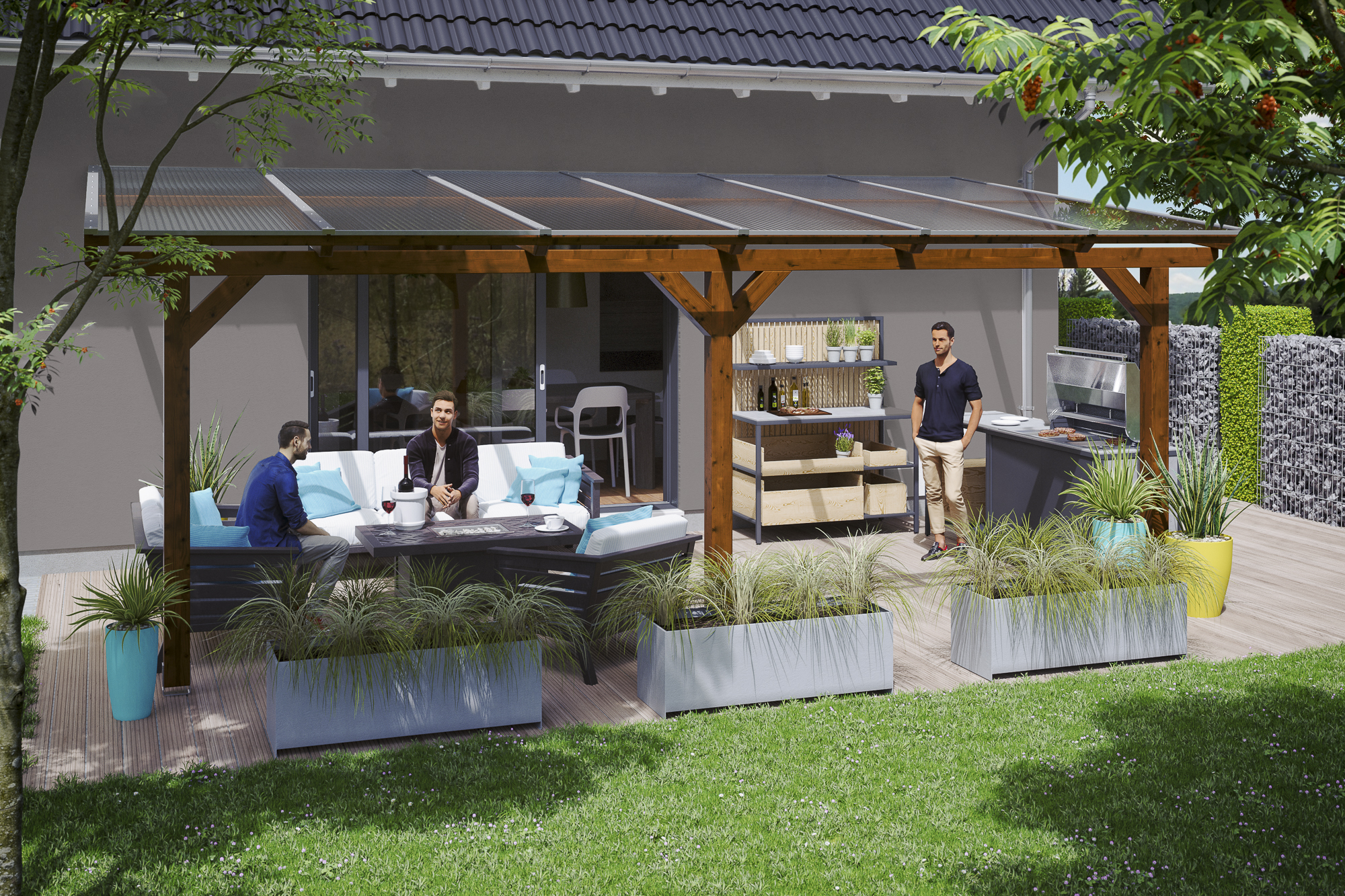 Ambientebild: Terrassenüberdachung Bormio, Breite 648cm, farblich behandelt in nussbaum
