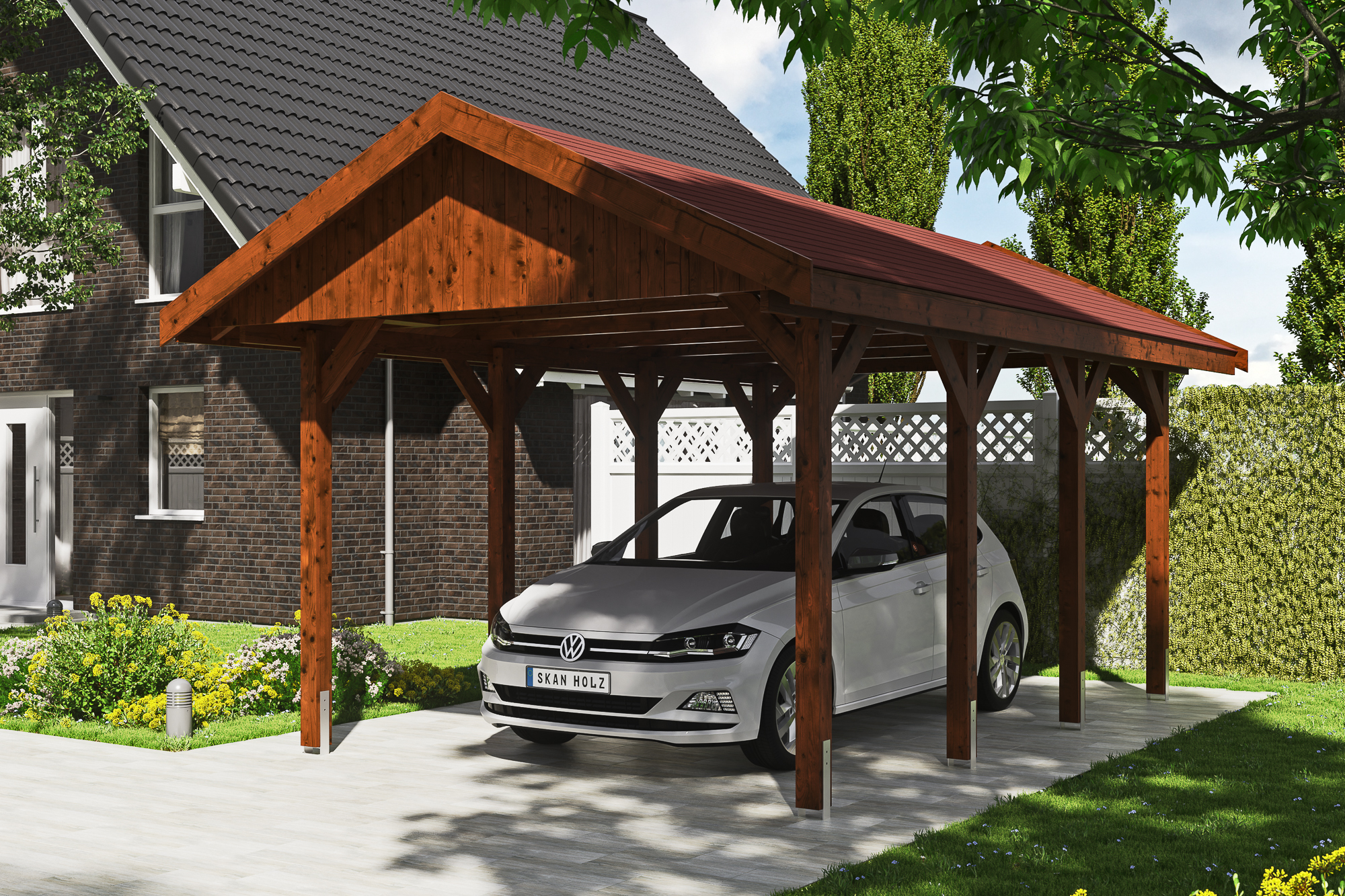 Ambientebild: Carport Wallgau 380 x 600 cm, mit roten Dachschindeln, farblich behandelt in nussbaum