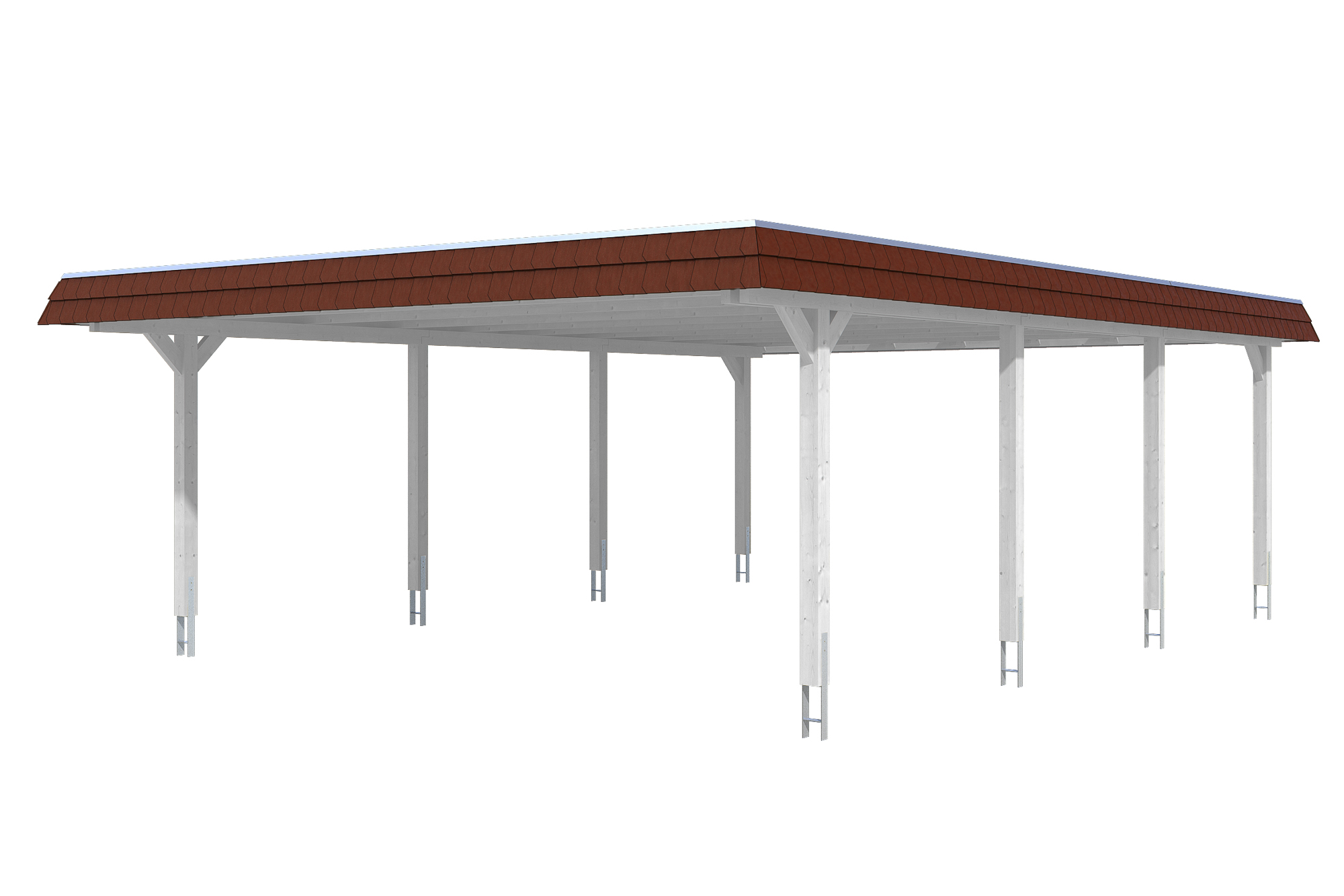 Carport Wendland 630 x 879 cm with EPDM roof, red fascia, colour pre-treated white