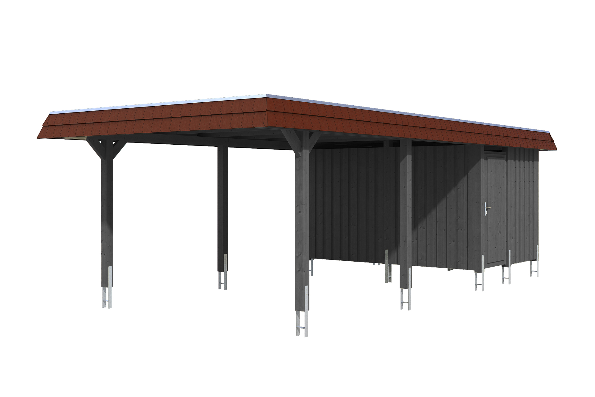 Produktbild: Carport Wendland 409 x 870 cm, mit Abstellraum, mit roter Blende, farblich behandelt in schiefergrau