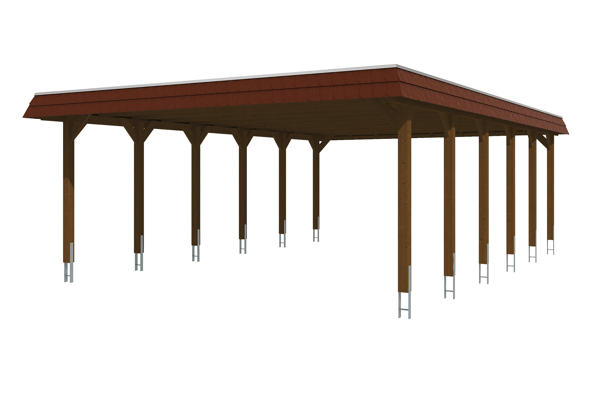 Produktbild: Carport Spreewald 585 x 893 cm mit roter Blende, farblich behandelt in nussbaum