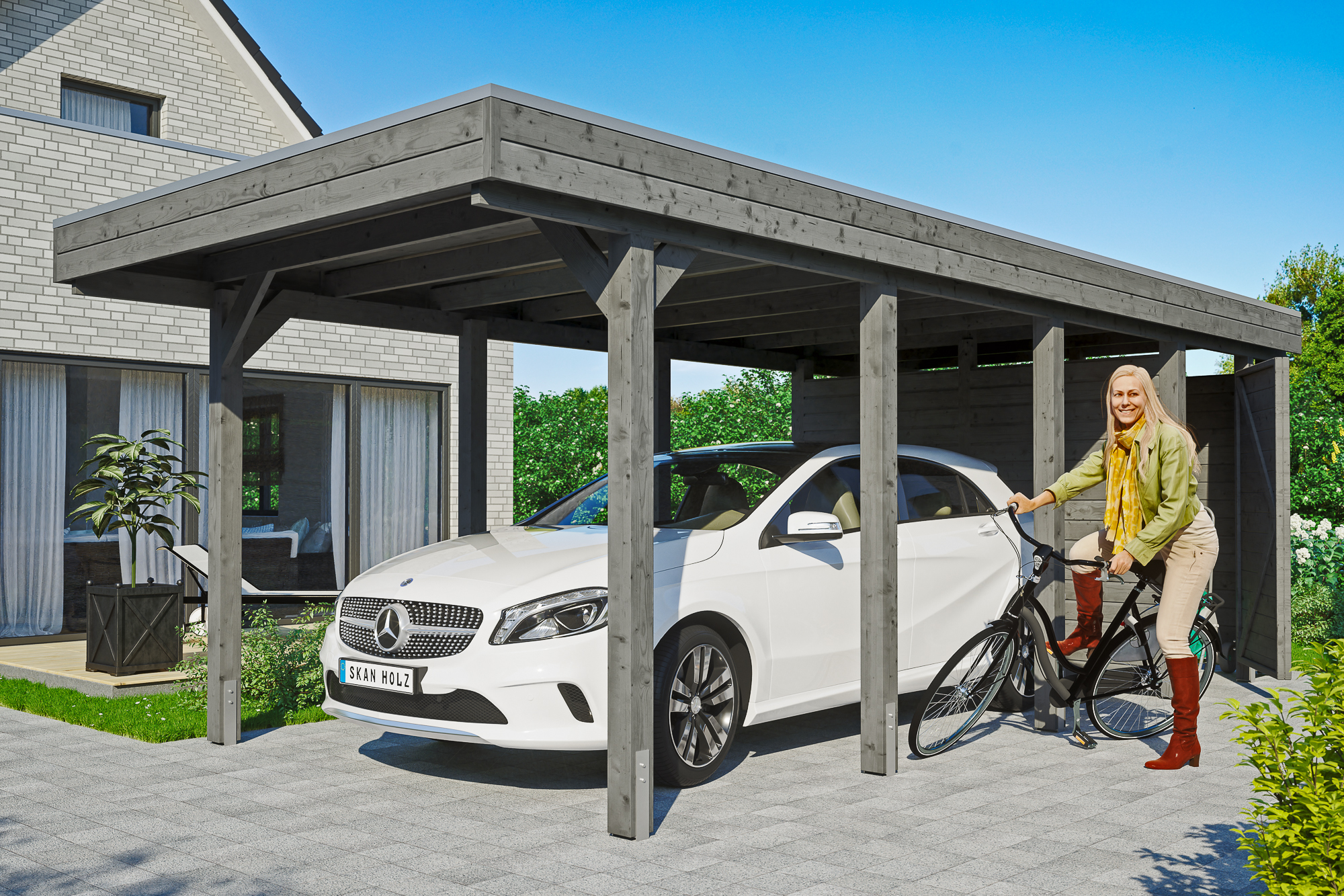 Ambientebild: Carport Friesland 314 x 708 cm, mit Abstellraum, farblich behandelt in schiefergrau