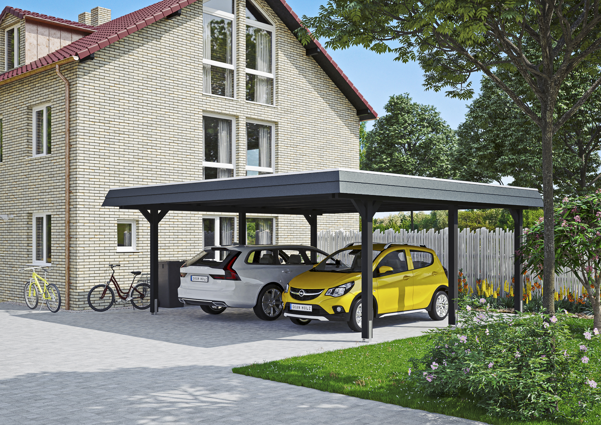 Ambientebild: Carport Wendland 630 x 637 cm, mit schwarzer Blende, farblich behandelt in anthrazit