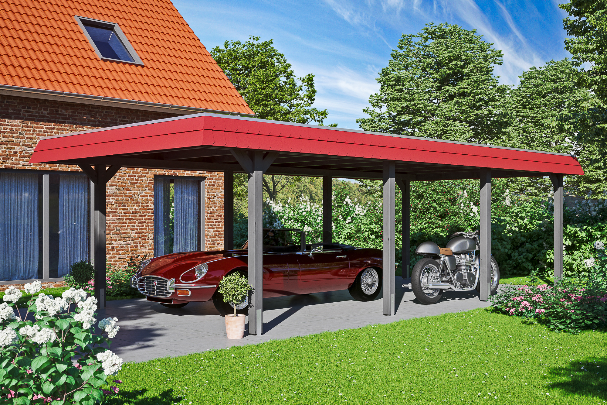 Ambientebild: Carport Wendland 409 x 870 cm, mit roter Blende, farblich behandelt in schiefergrau