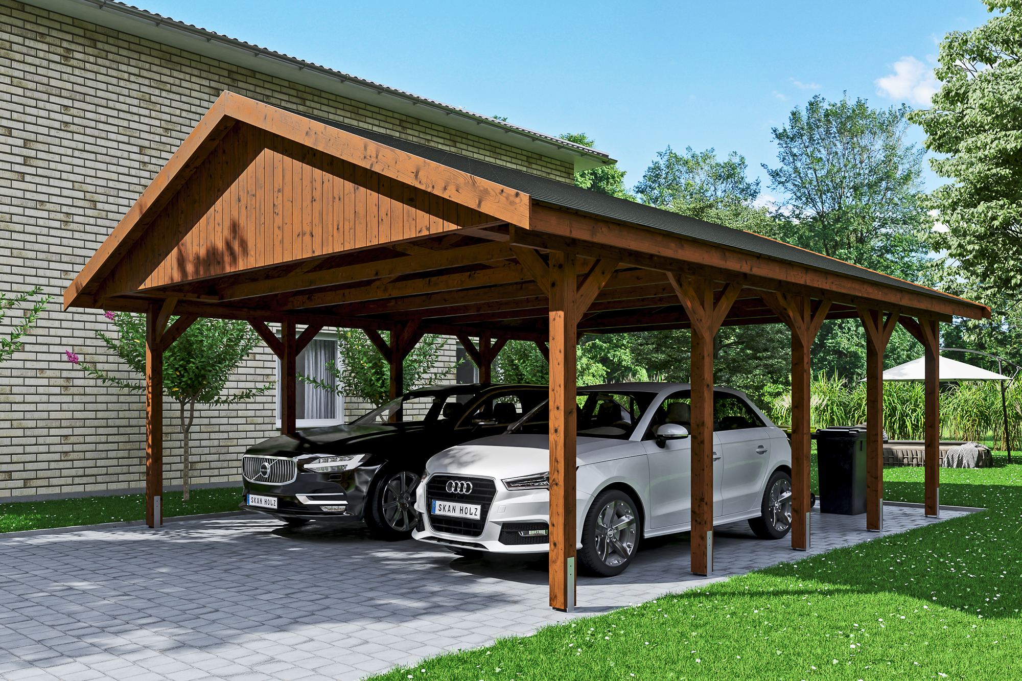 Ambientebild: Carport Wallgau 620 x 750 cm, mit schwarzen Dachschindeln, farblich behandelt in nussbaum
