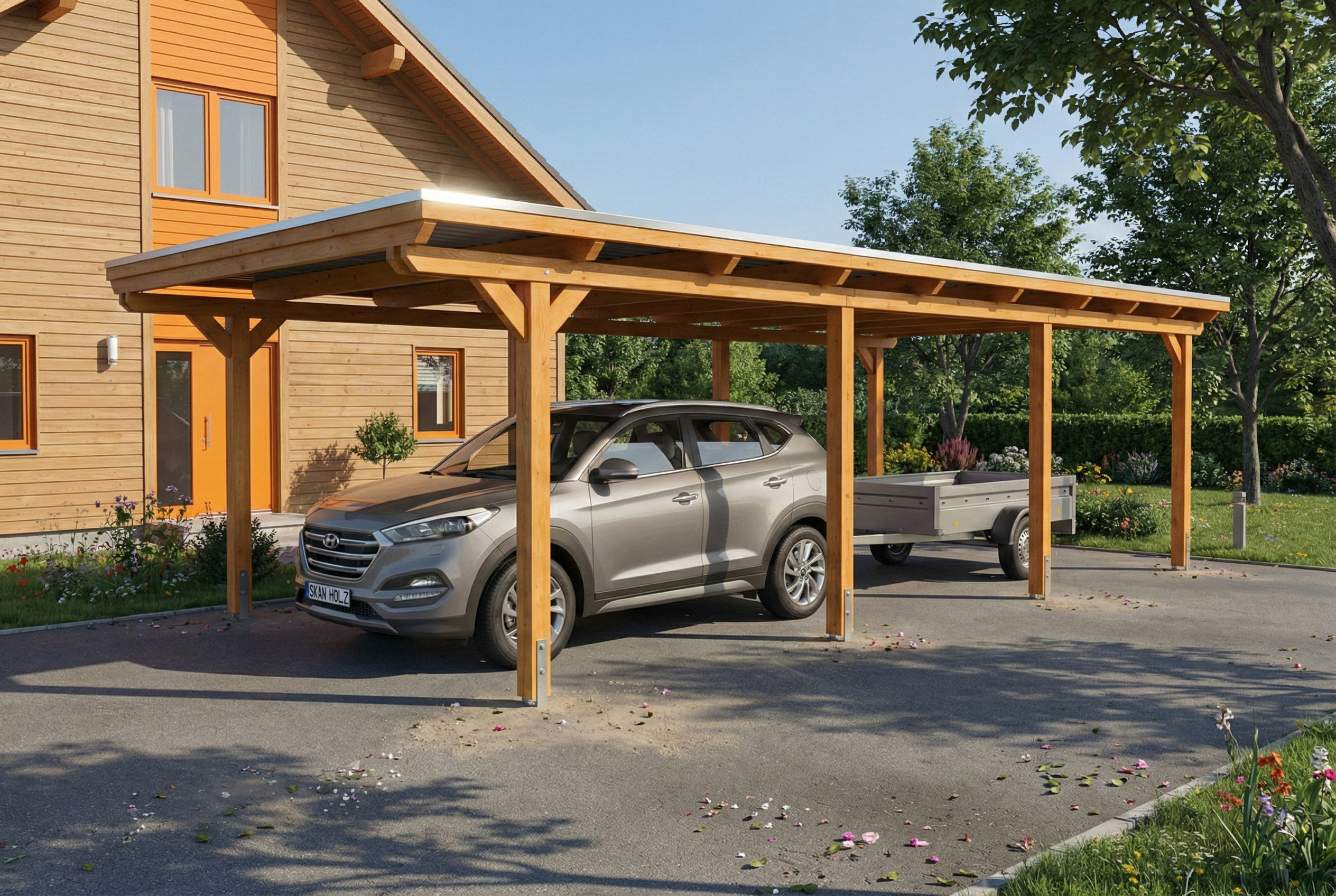 Carport Emsland 402 x 846 cm, stalen dakplaten met antiek condensvlies, licht eiken
