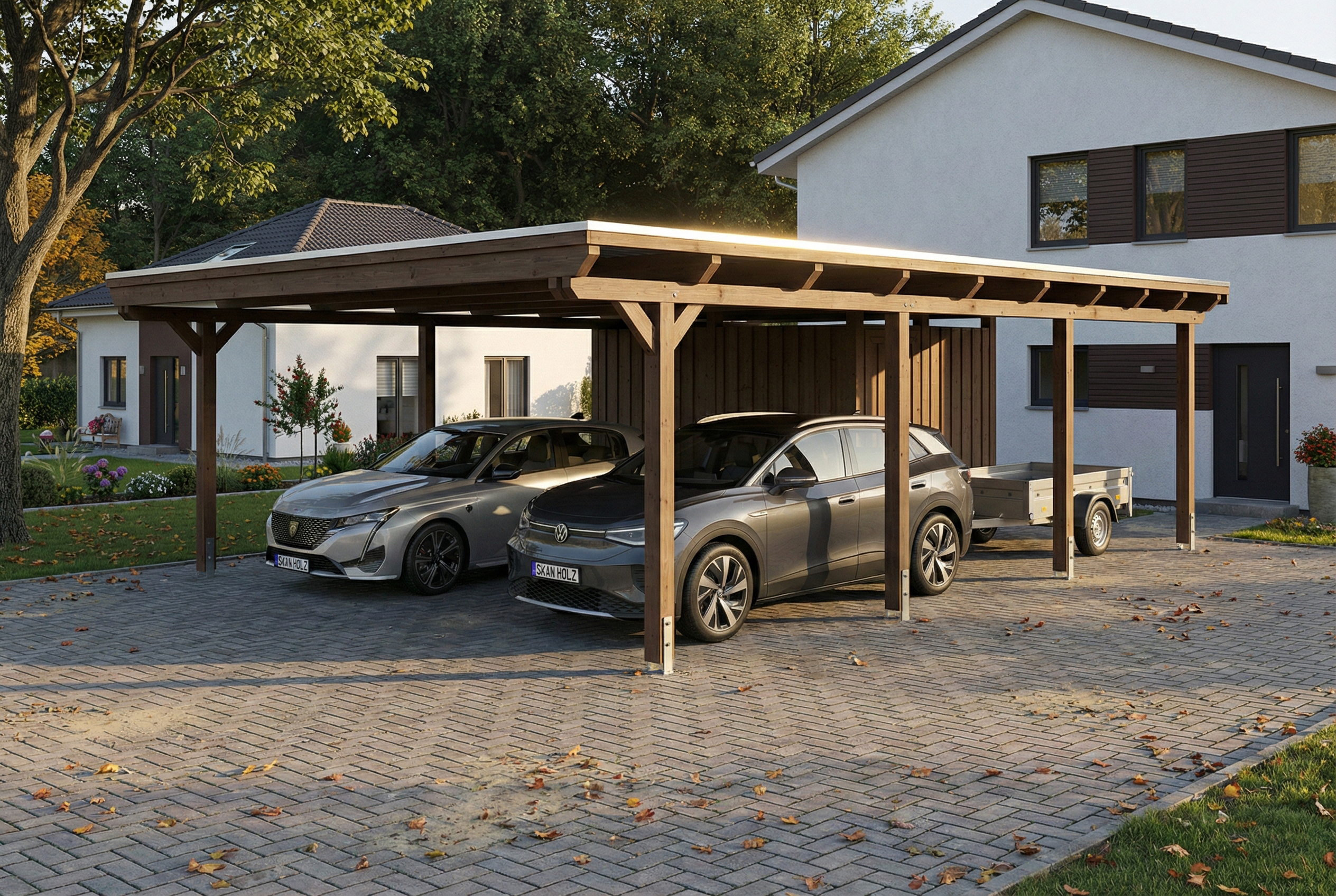 Carport Emsland 609 x 846 cm, Stahl-Dachplatten mit Antikondensvlies, mit Abstellraum, nussbaum