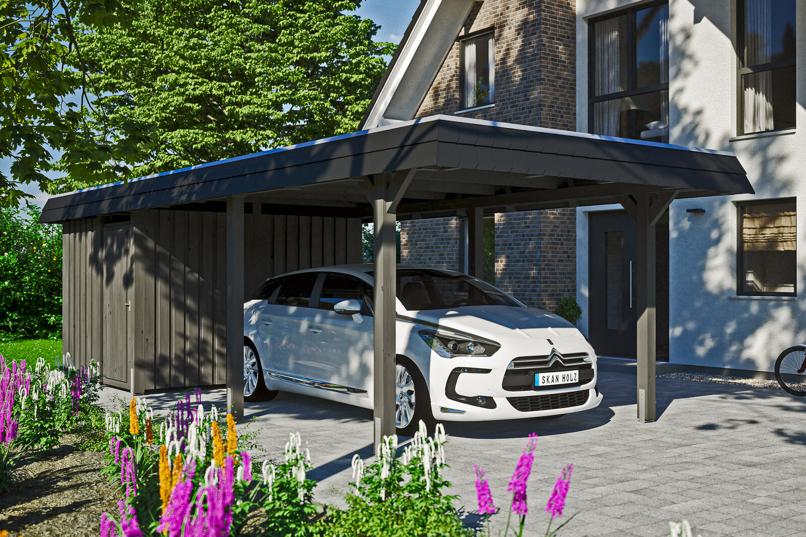 Carport Wendland mit Abstellraum 362 x 870 cm mit Aluminiumdach, schwarze Blende, schiefergrau