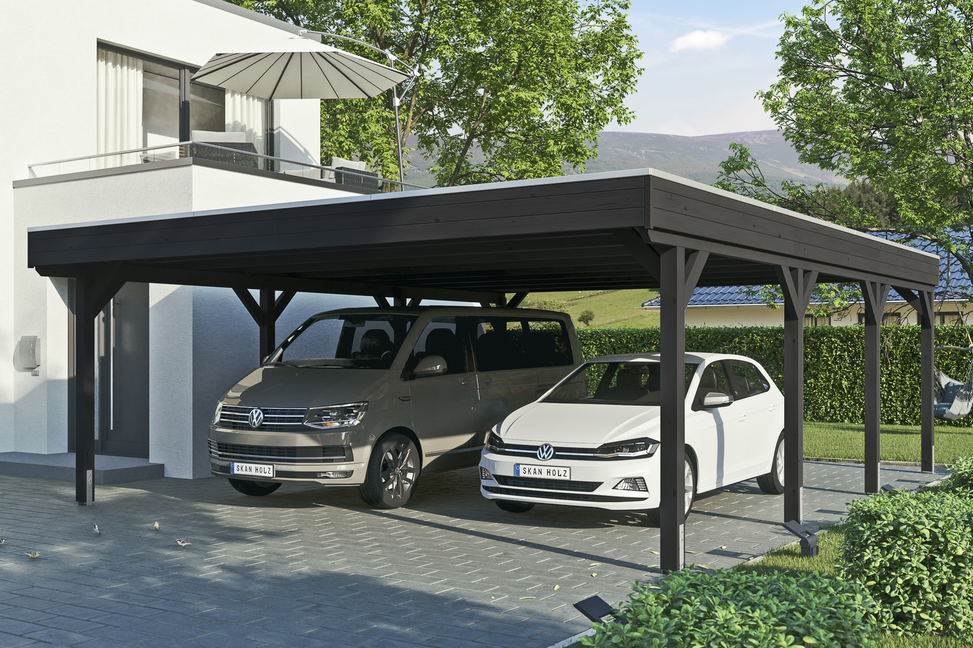 Ambientebild: Carport Grunewald 622 x 796 cm, farblich behandelt in anthrazit