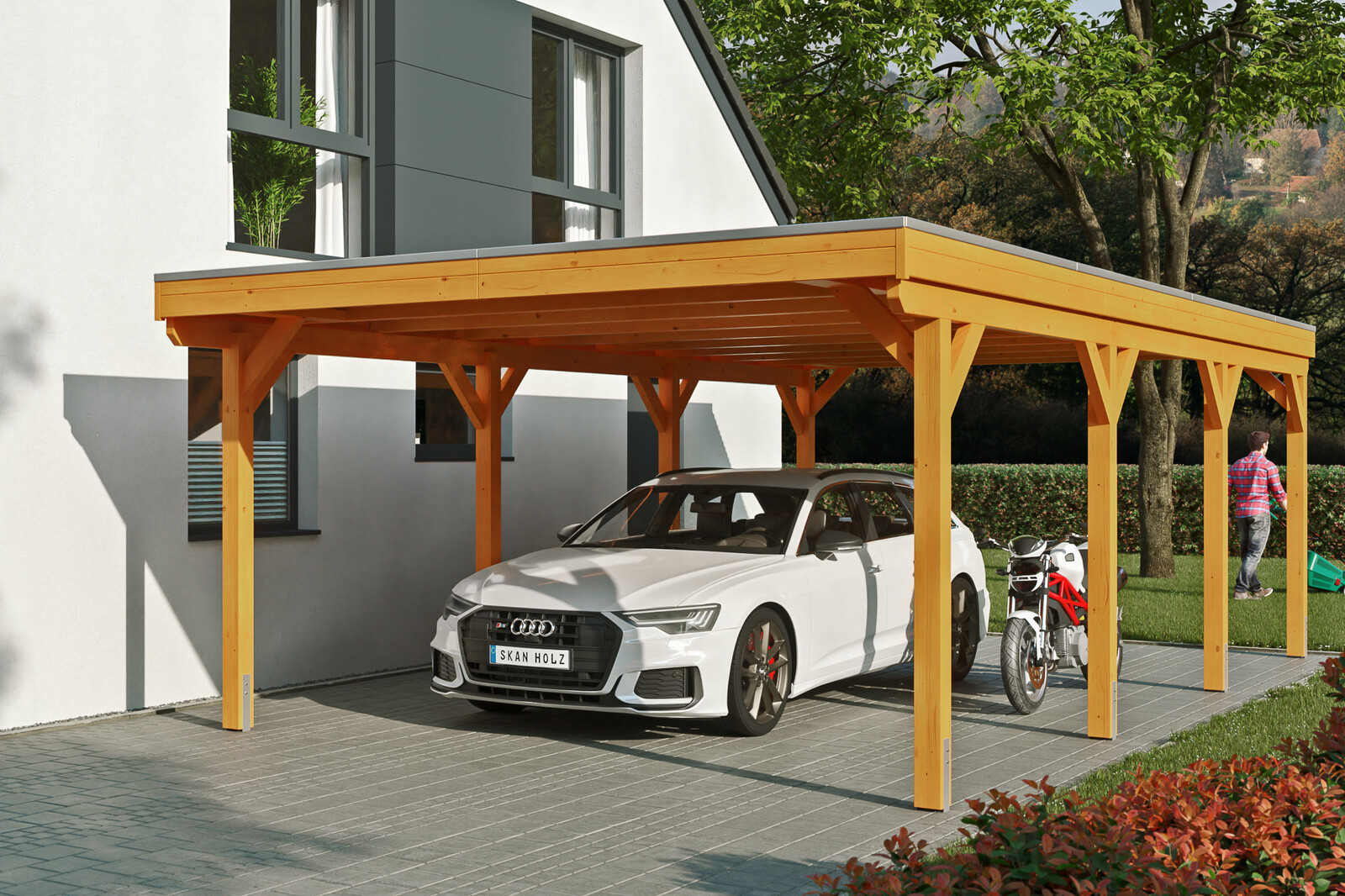 Carport GRUNEWALD 427 x 796 cm avec panneaux de toit en aluminium, traitement coloré chêne clair