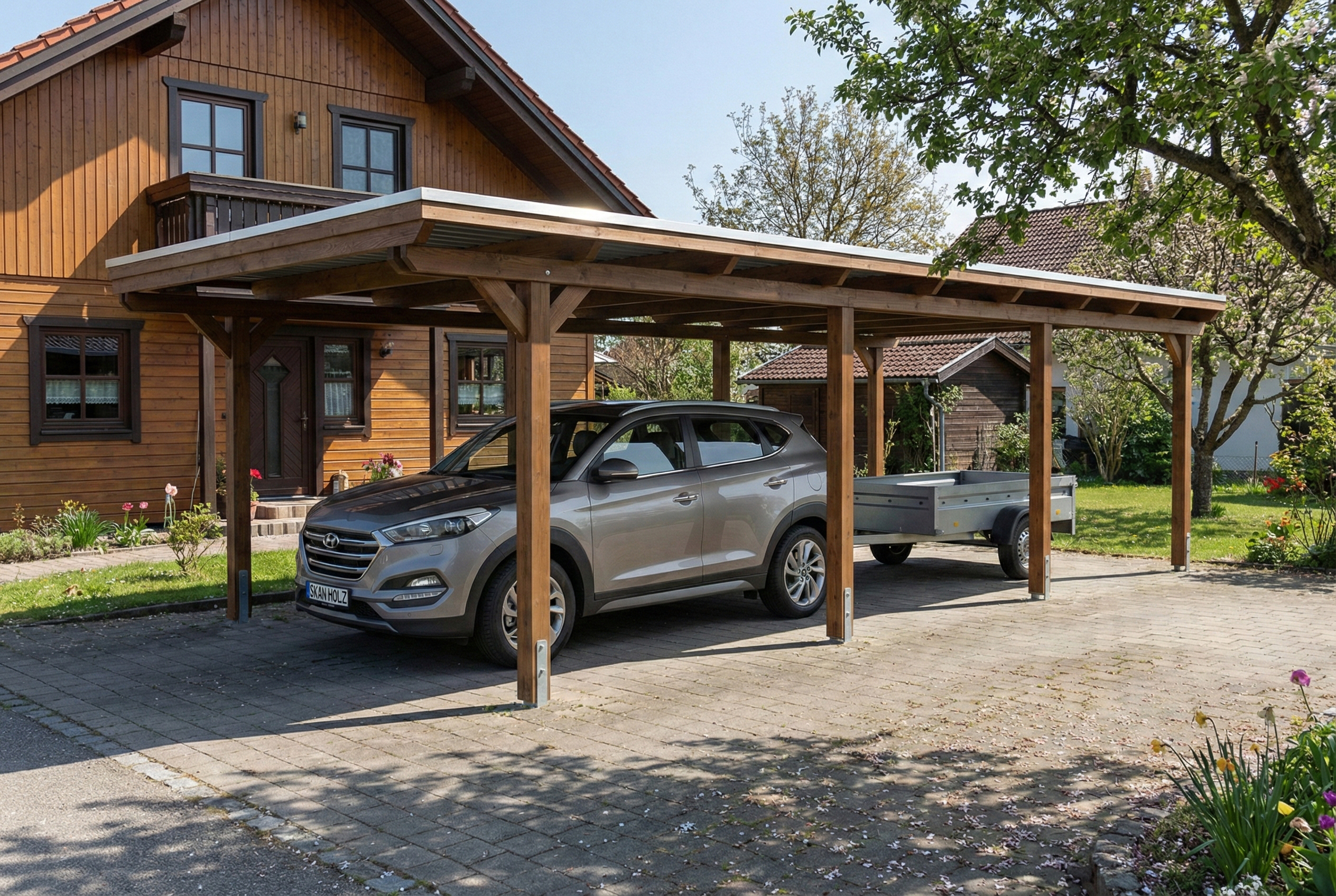 Carport Emsland 402 x 846 cm, stalen dakplaten met antiek condensvlies, walnoot