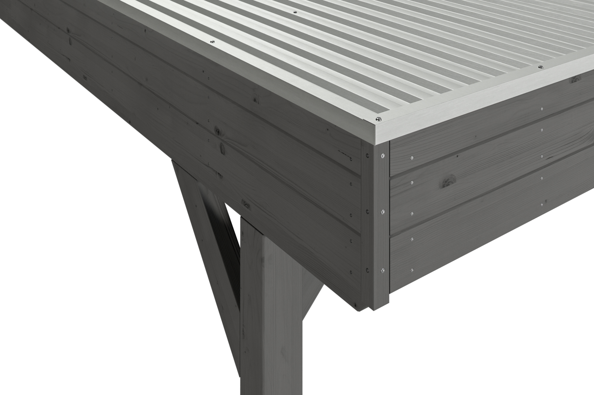 Detailbild: Aluminiumdachplatten und Dachblende beim Doppelcarport Grunewald, farblich behandelt in schiefergrau
