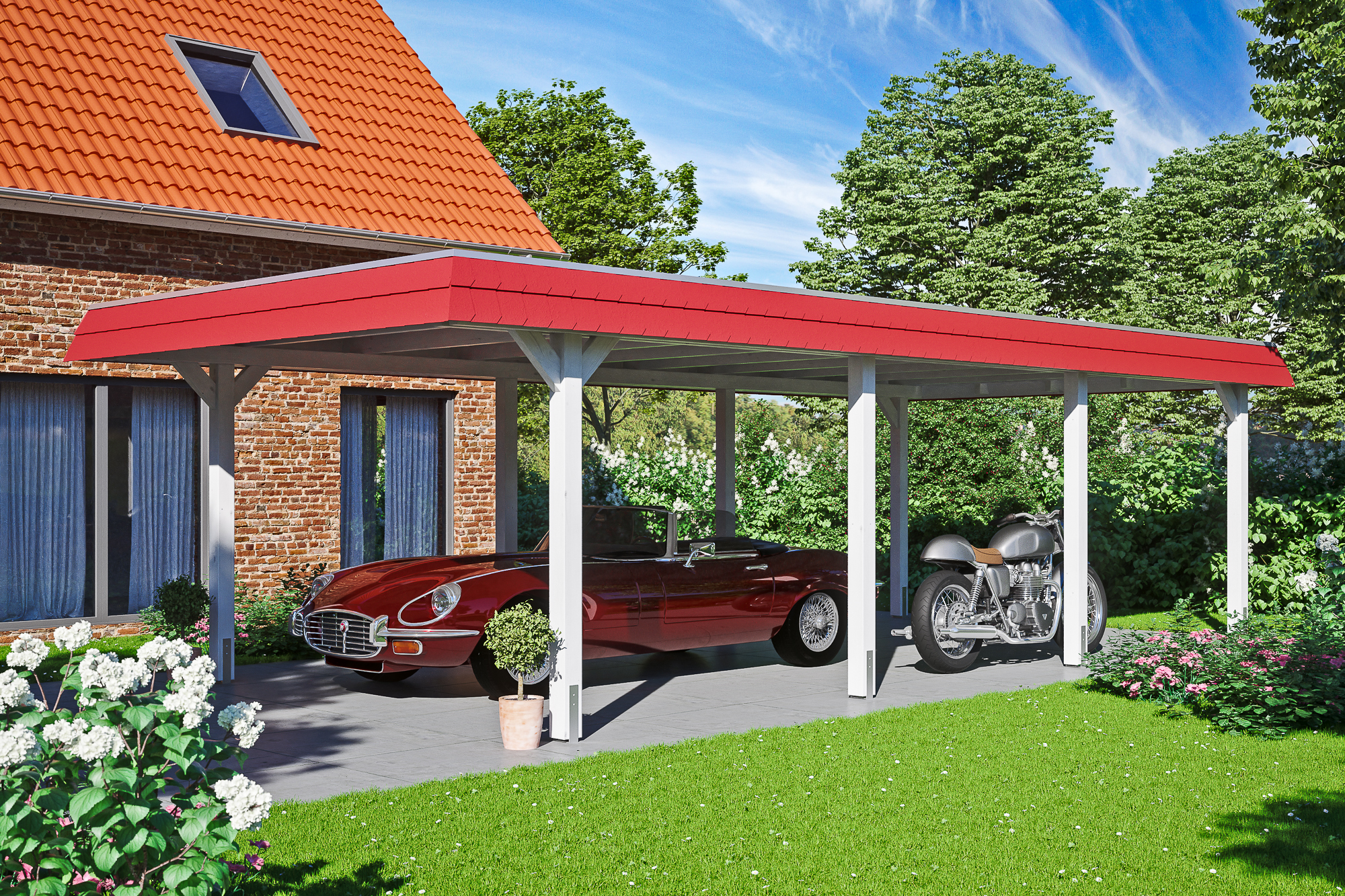Ambientebild: Carport Wendland 409 x 870 cm, mit roter Blende, farblich behandelt in weiß