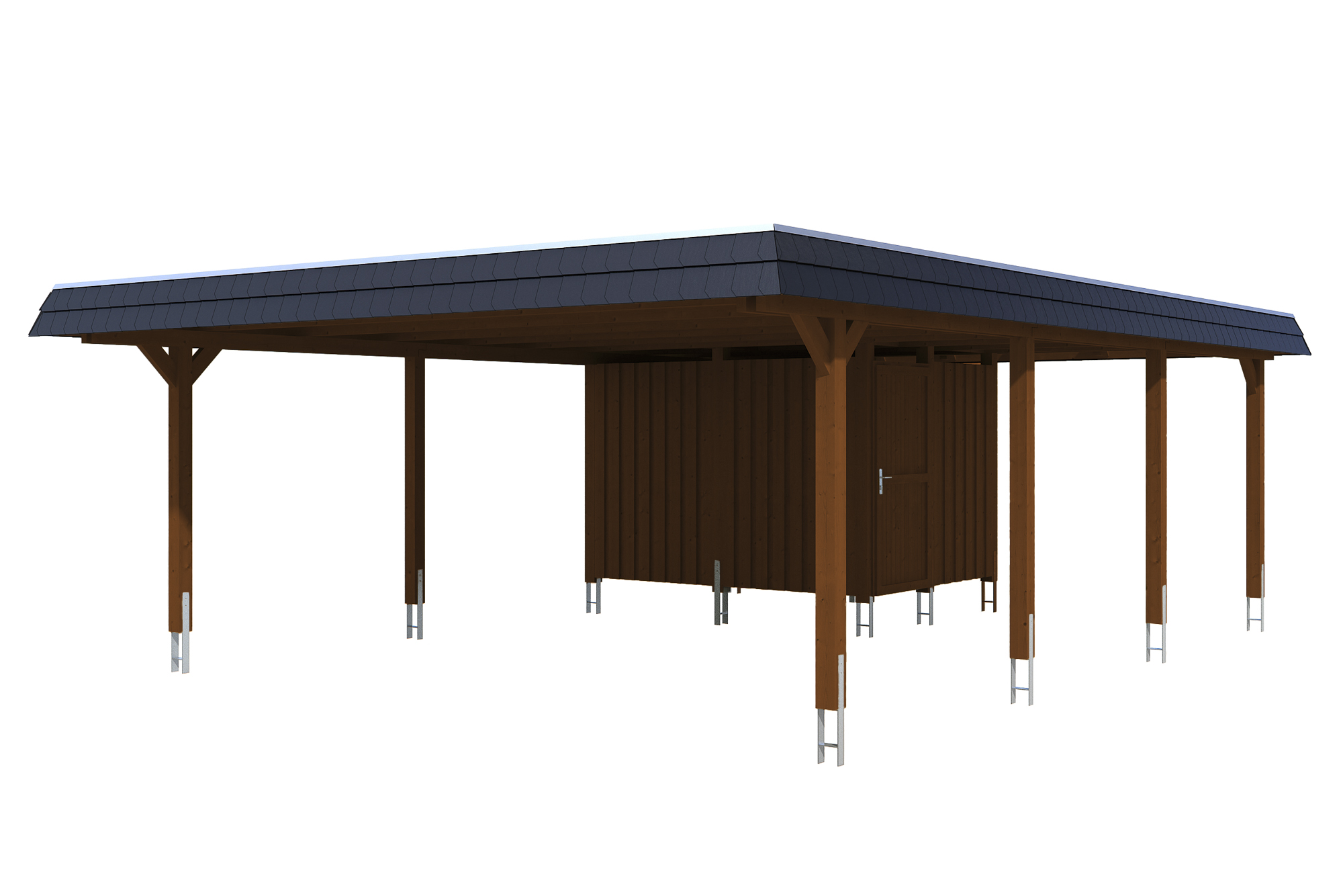Carport Wendland with storage room 630 x 879 cm with aluminium roof, black fascia, colour pre-treated walnut