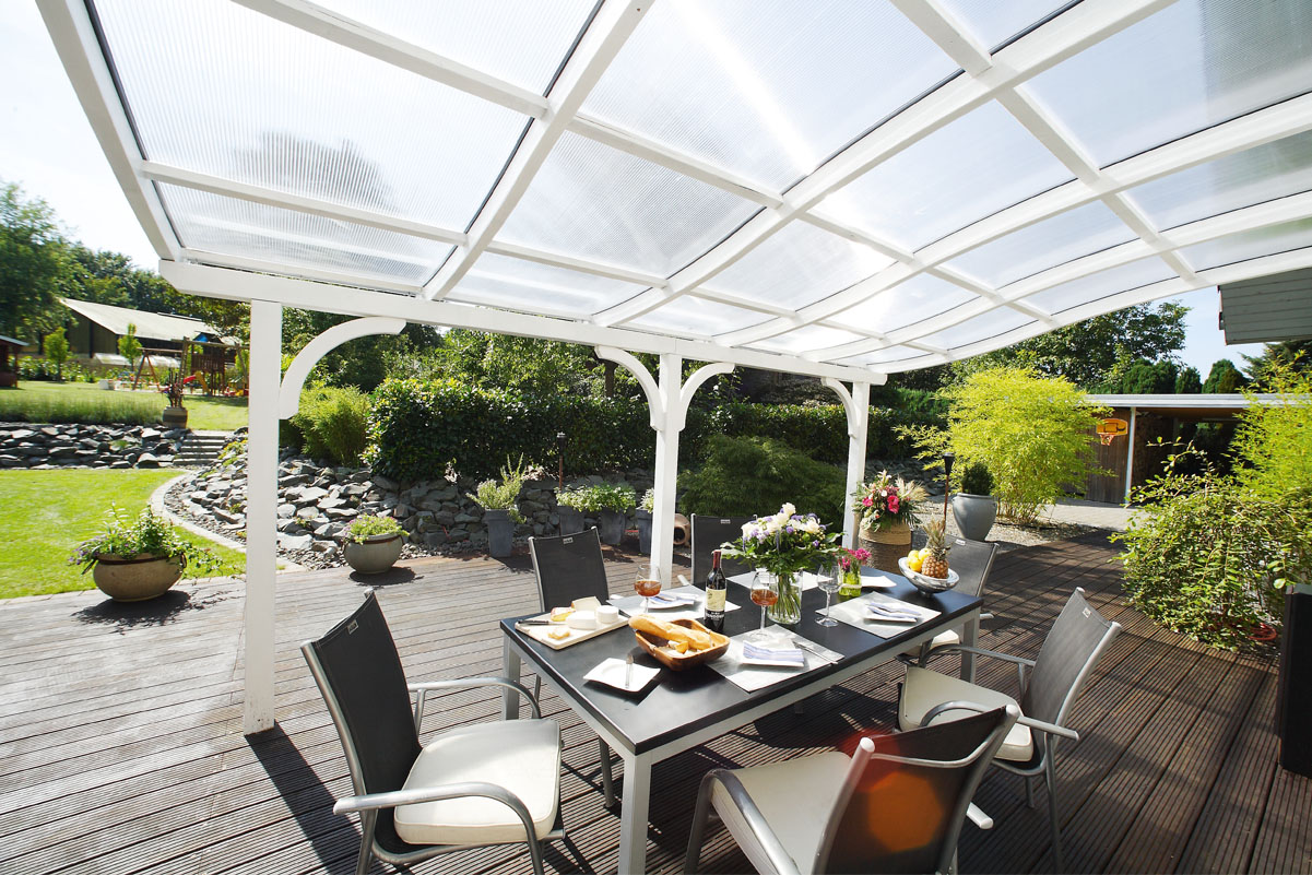 Terrasoverkapping Venezia 434 x 239 cm, gelamineerd hout, gelakt in wit