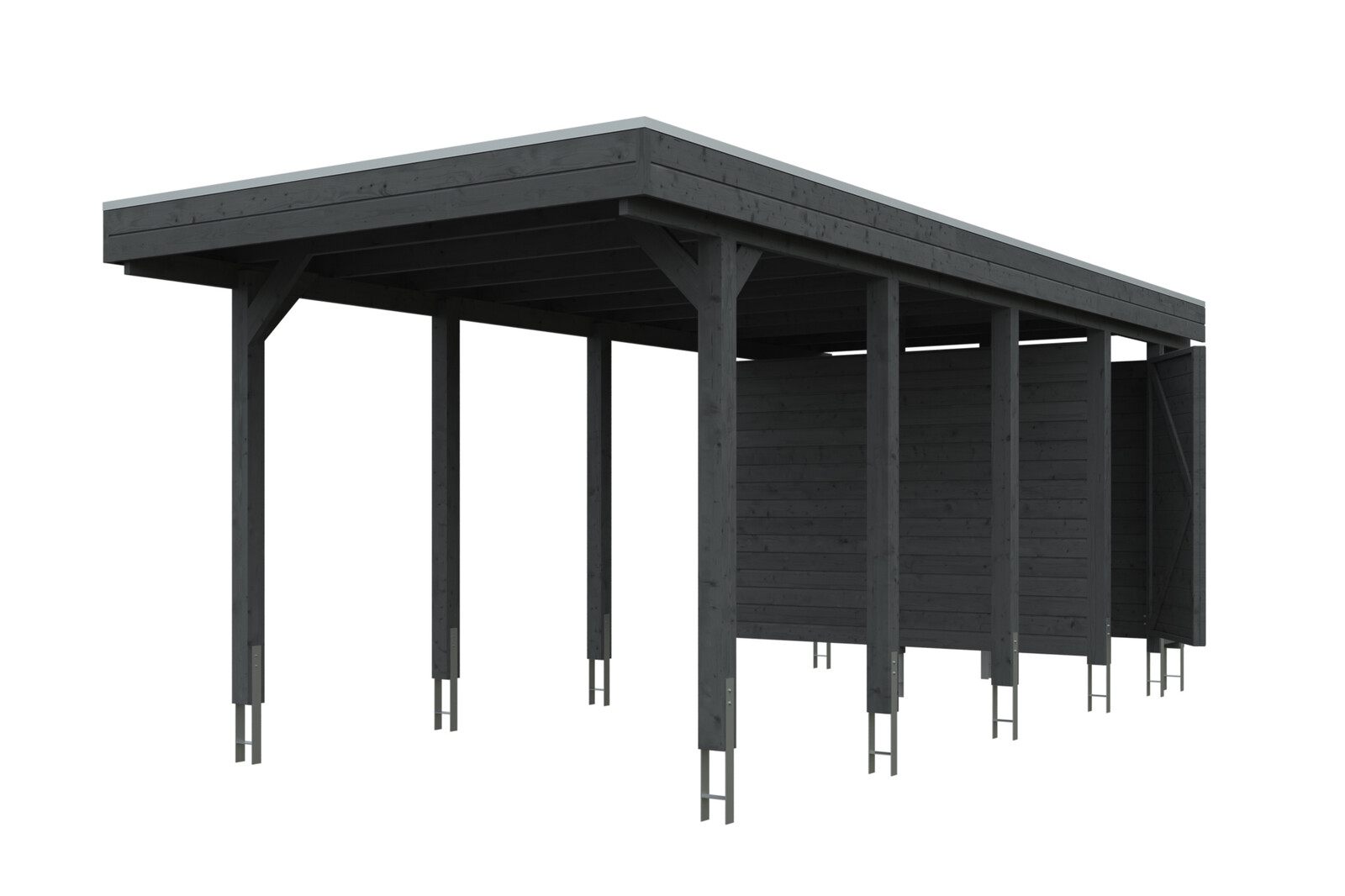 Carport Friesland Set 2 314 x 708 cm, met bergruimte, gelakt in leigrijs, met Aluminium dakplaten