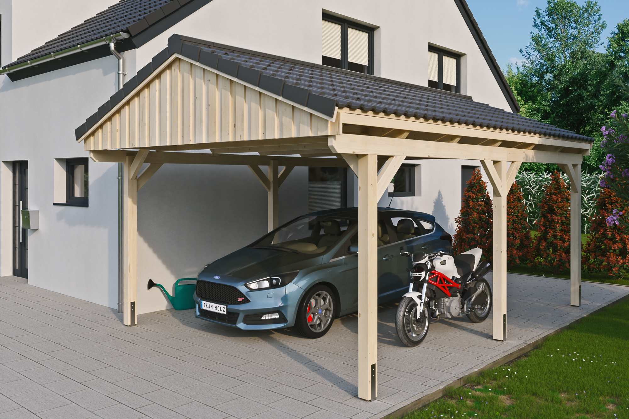 Ambientebild: Carport Fichtelberg 423 x 566 cm, natur, mit Dachziegeln