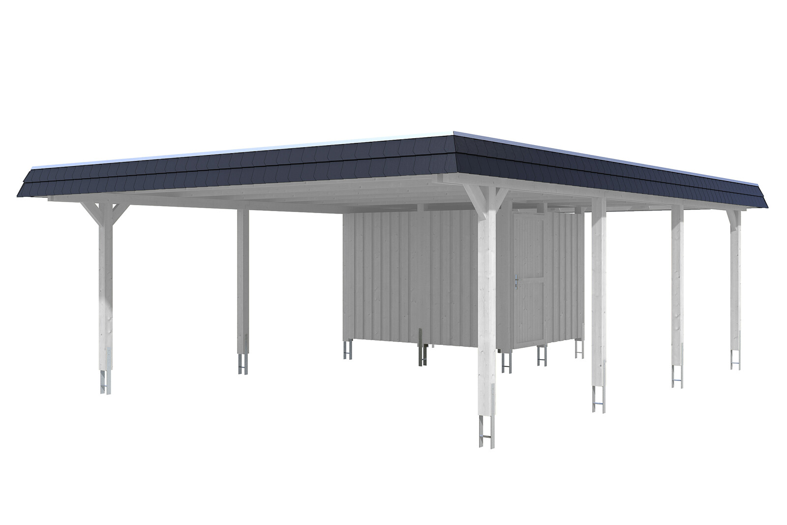 Carport Wendland mit Abstellraum 630 x 879 cm mit Aluminiumdach, schwarze Blende, weiß