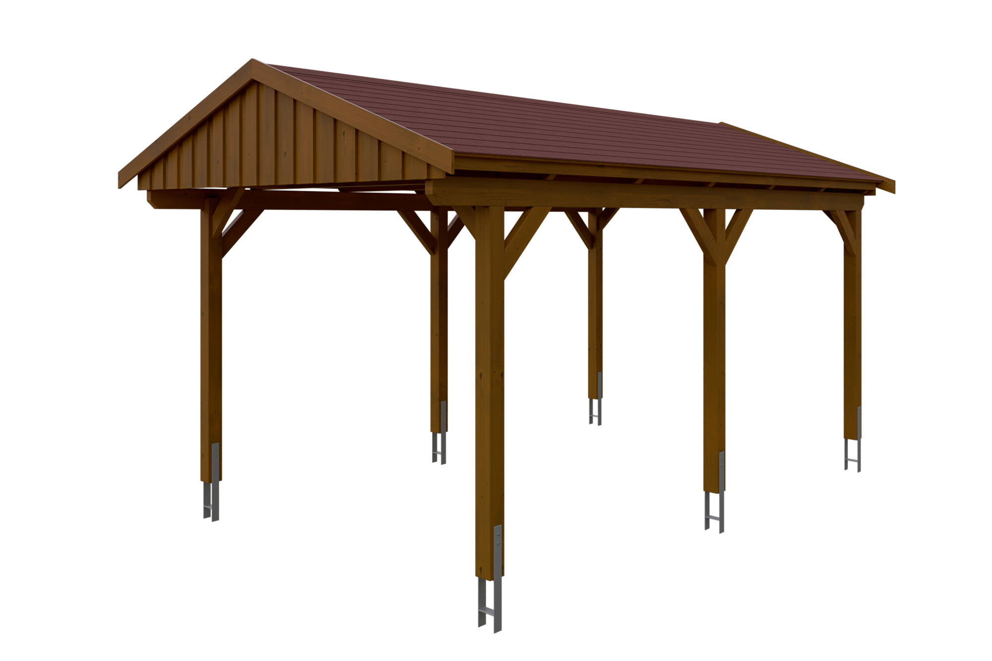 Produktbild: Carport Fichtelberg 317 x 566 cm, farblich behandelt in nussbaum, mit roten Dachschindeln