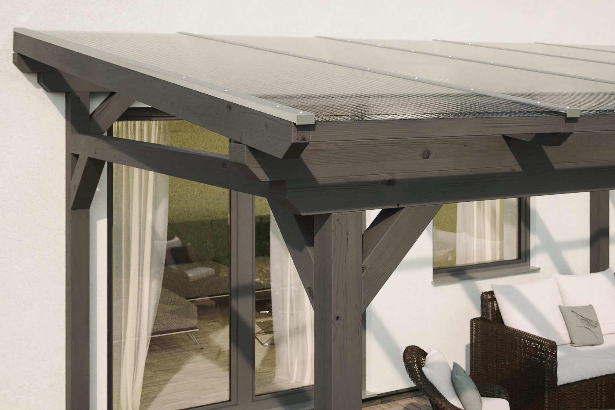 Detailbild einer Terrassenüberdachung Sanremo farblich behandelt in schiefergrau mit Blick seitlich auf das Dach
