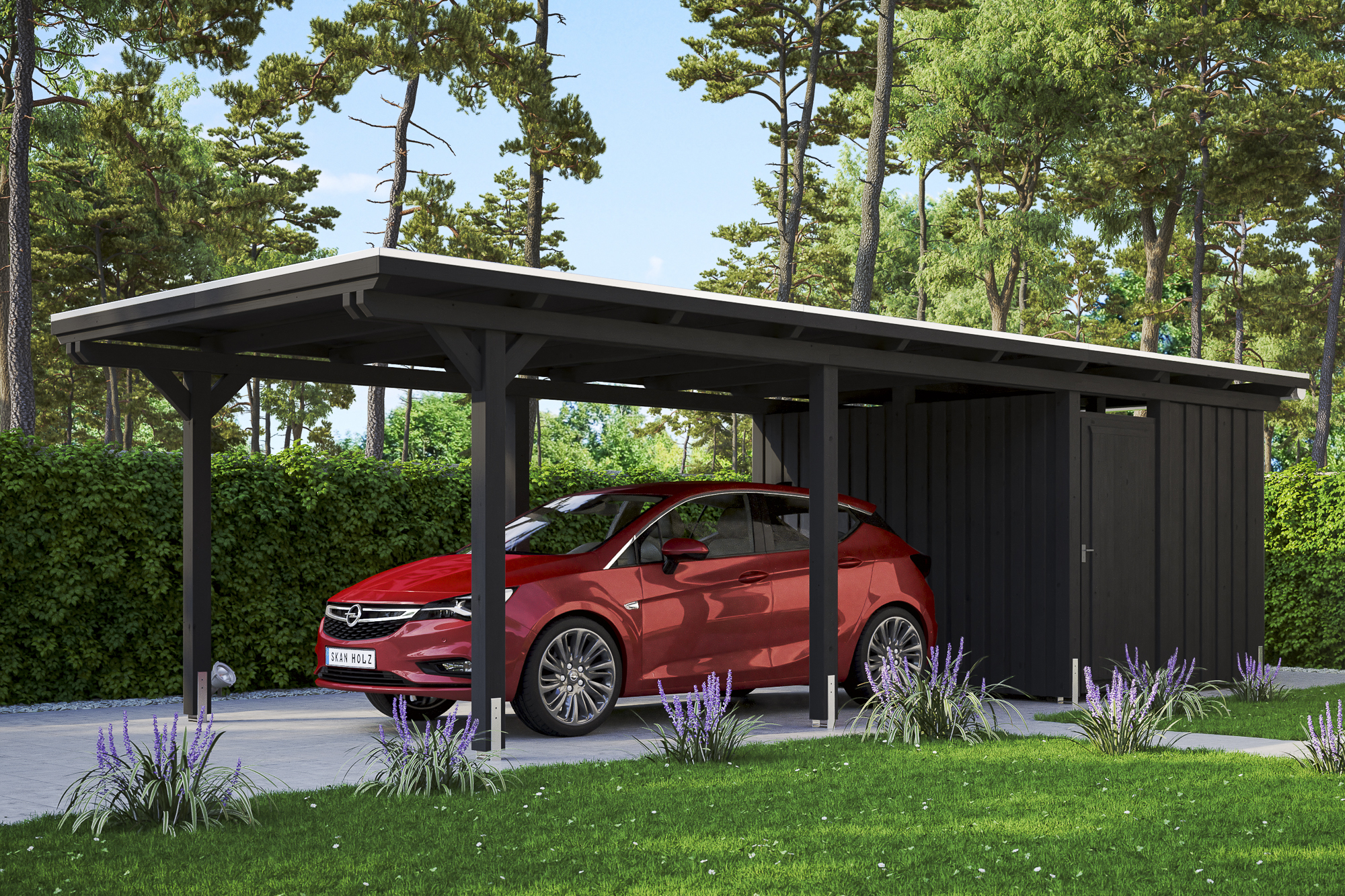 Ambientebild: Carport Emsland 354 x 846 cm mit Abstellraum, farblich behandelt in anthrazit