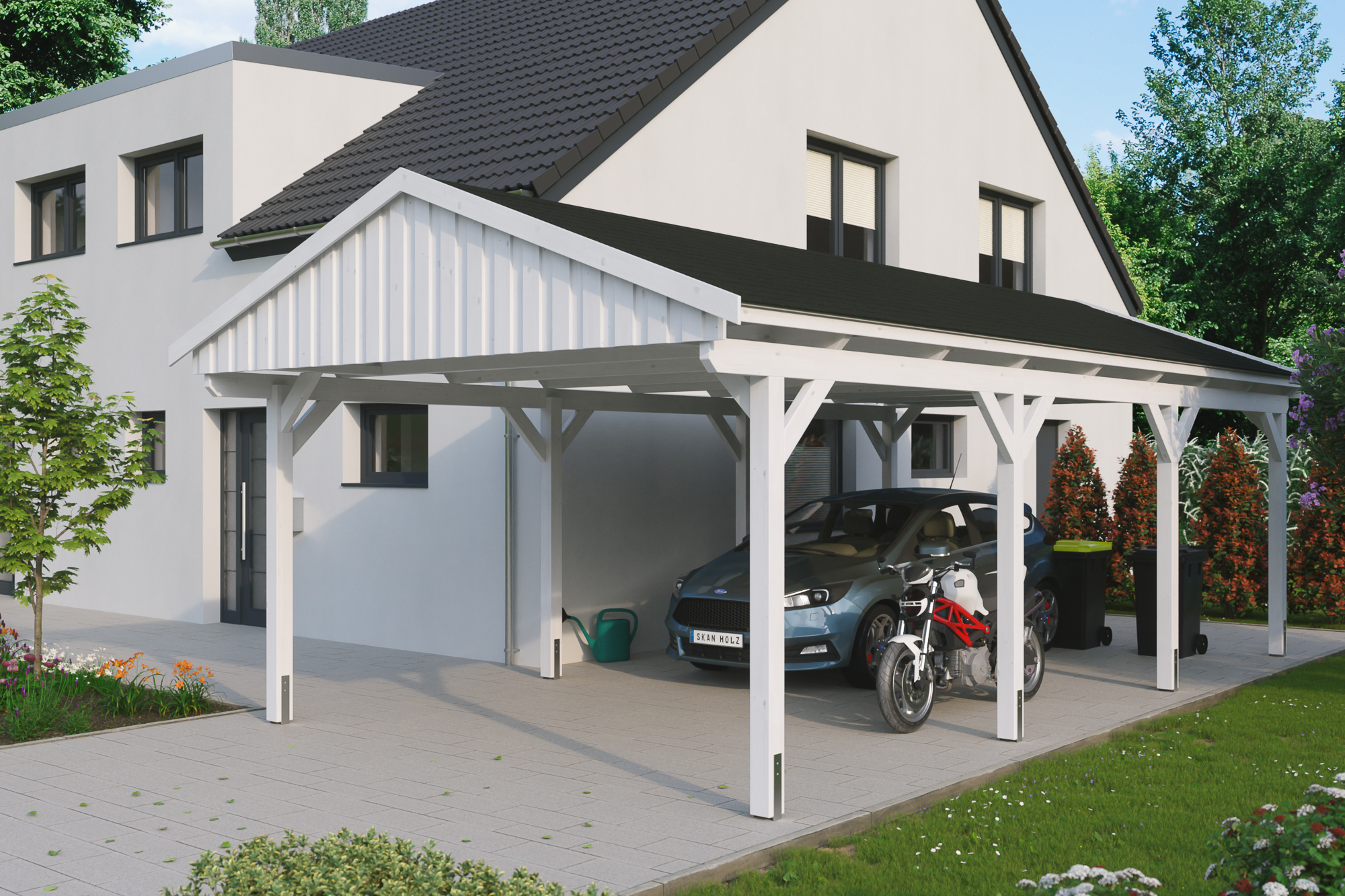 Ambientebild: Carport Fichtelberg 423 x 808 cm, farblich behandelt in weiß, mit schwarzen Dachschindeln
