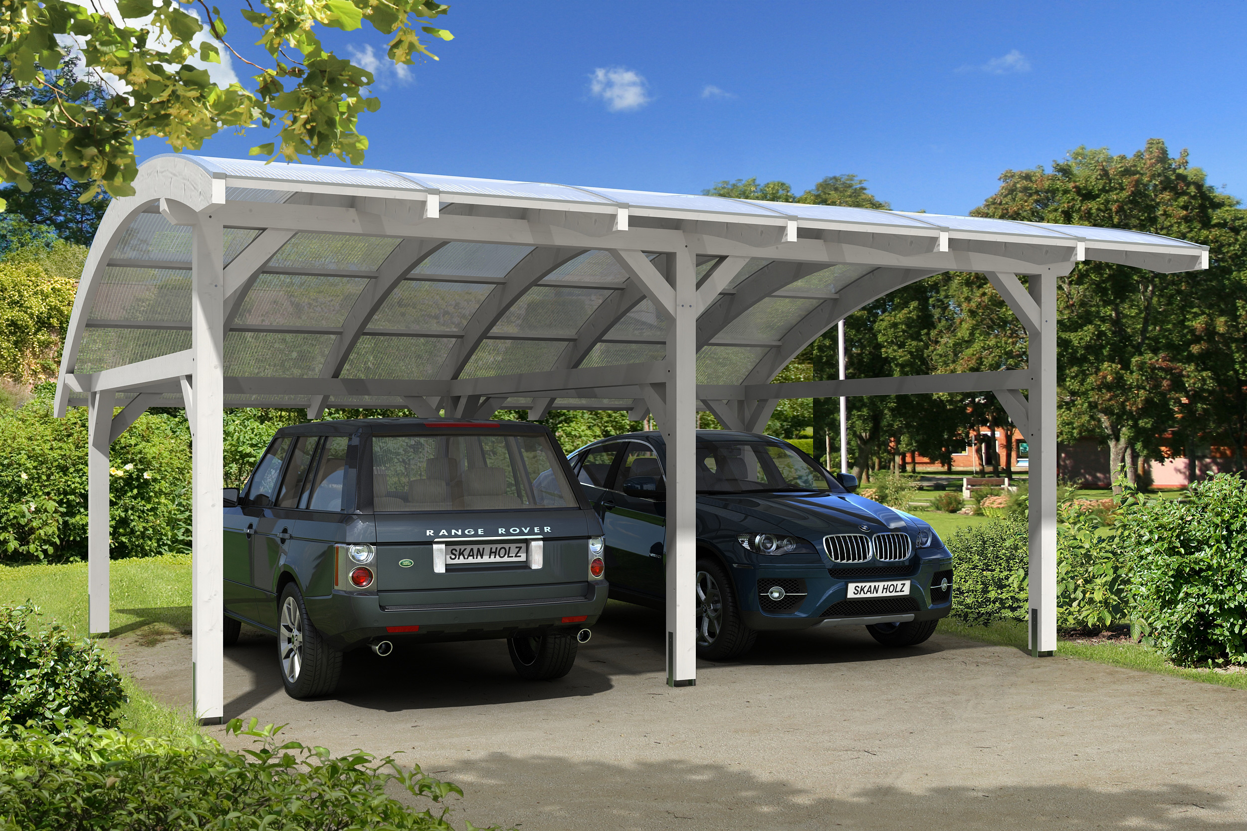 Ambientebild: Carport Schwaben 648 x 630 cm, farblich behandelt in weiß