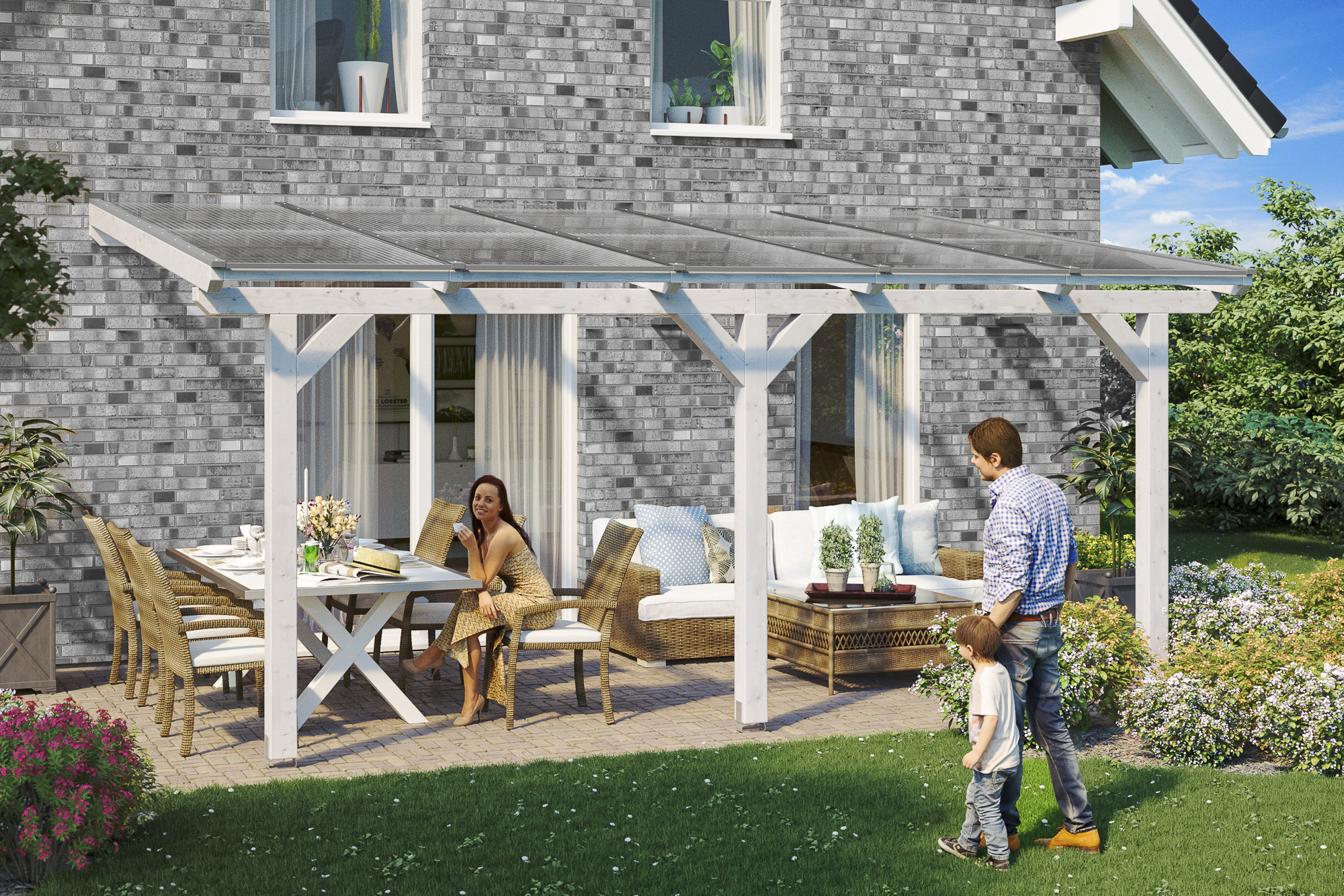 Ambientebild: Terrassenüberdachung Bormio, Breite 541cm, farblich behandelt in weiß