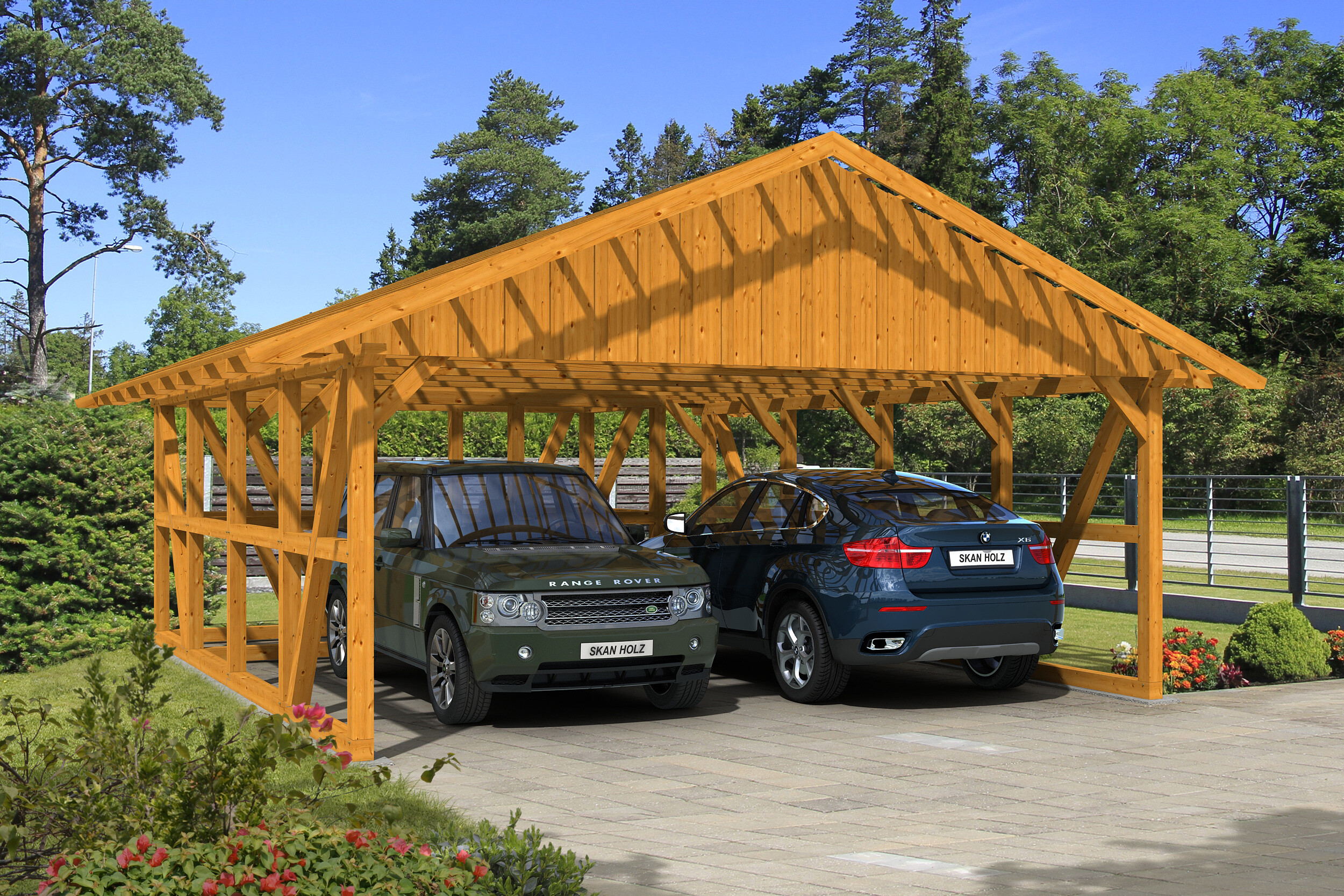 Carport Schwarzwald 684 x 772 cm with storage room 2, colour pre-treated light oak