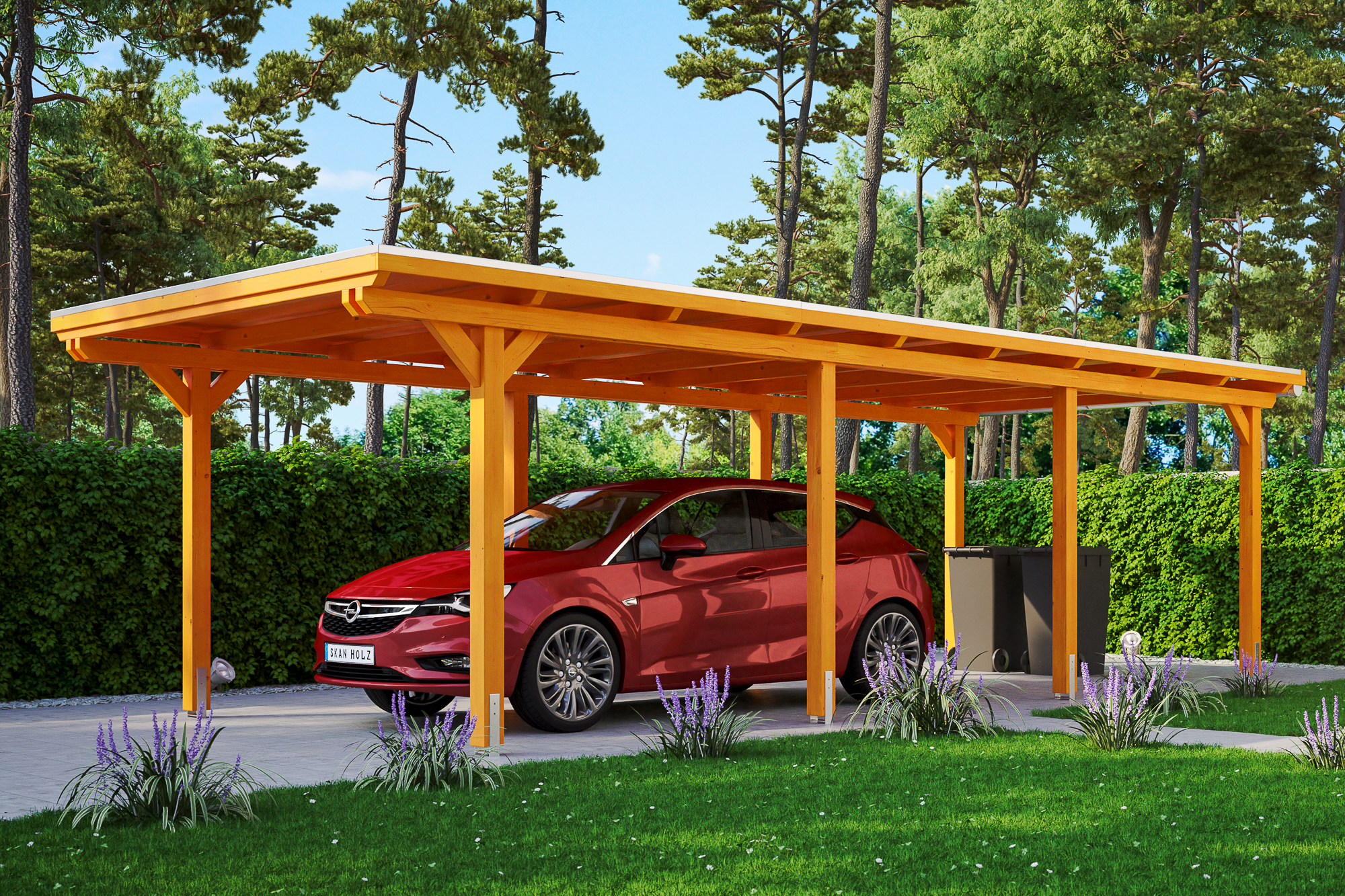 Ambientebild: Carport Emsland 354 x 846 cm, farblich behandelt in eiche hell