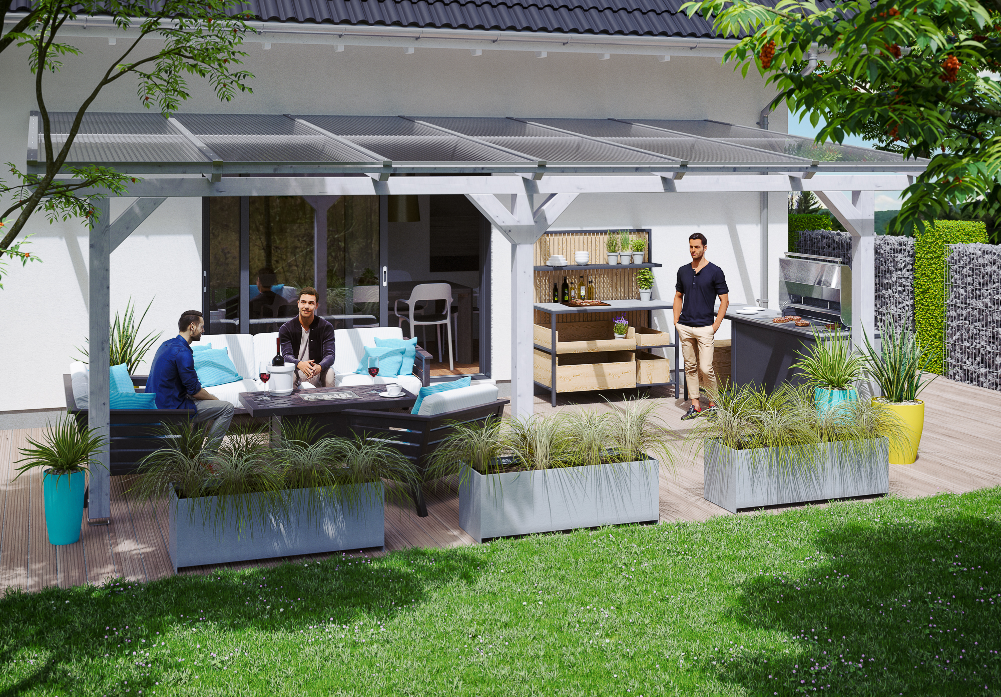 Ambientebild: Terrassenüberdachung Andria, Breite 648 cm, farblich behandelt in weiß