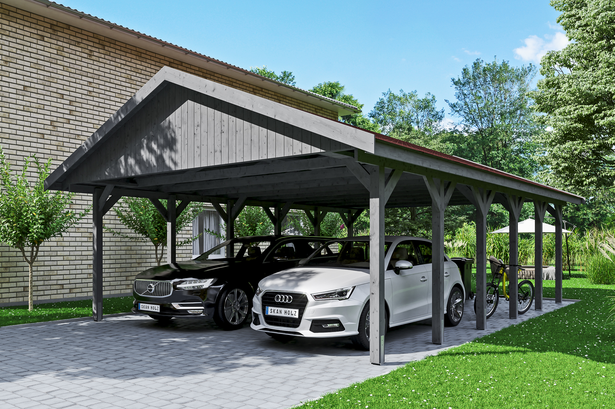 Carport Wallgau 620 x 900 cm, gelakt in leigrijs, inclusief rode dakshingels