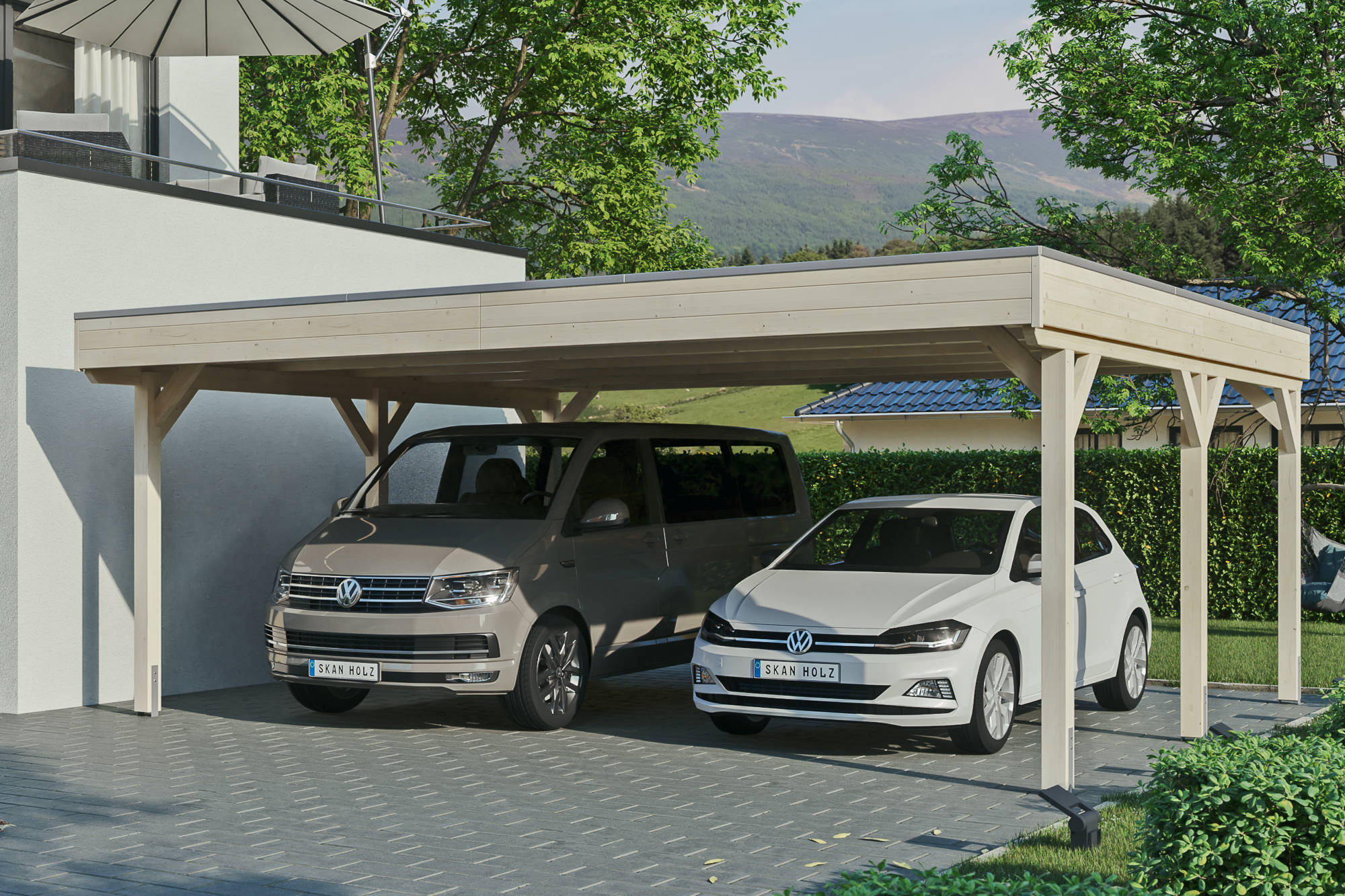Carport Grunewald 622 x 554 cm met dakbetimmering en EPDM-folie, onbehandeld