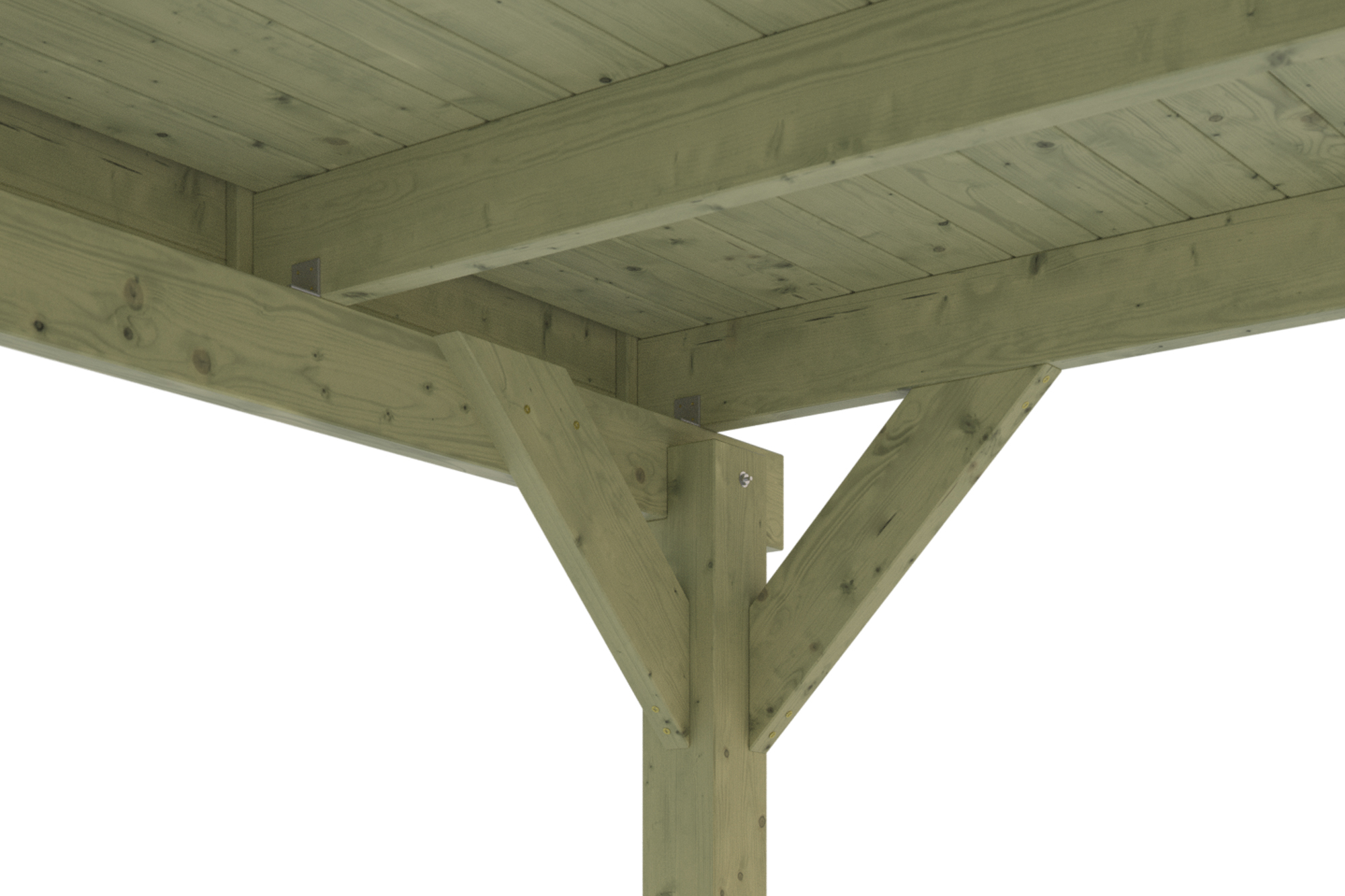 Detailbild: Dachkonstruktion beim Carport Friesland, grün imprägniert, mit Dachschalung (von unten)