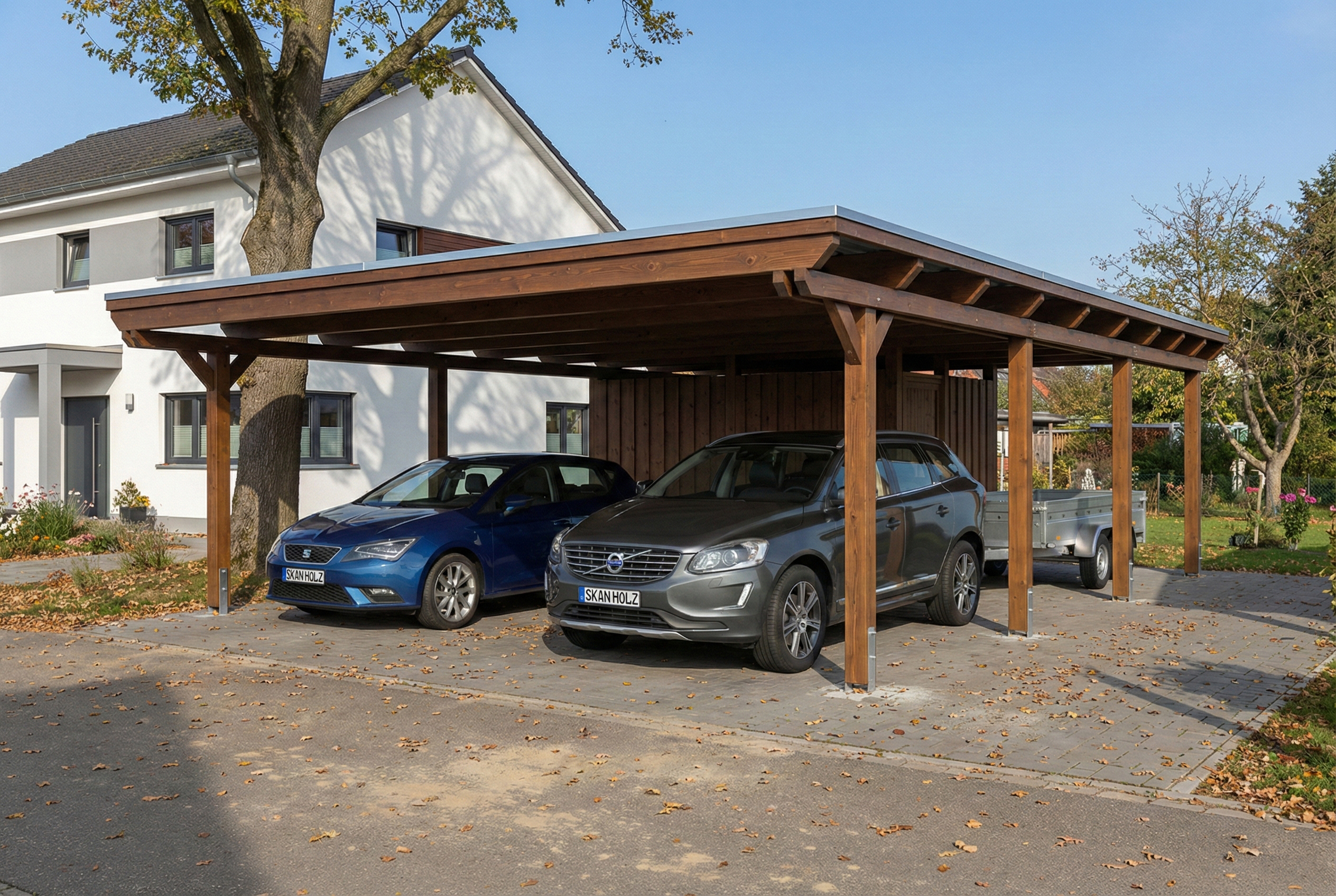 Carport Emsland 609 x 846 cm, Stahl-Dachplatten mit Antikondensvlies, mit Abstellraum, nussbaum