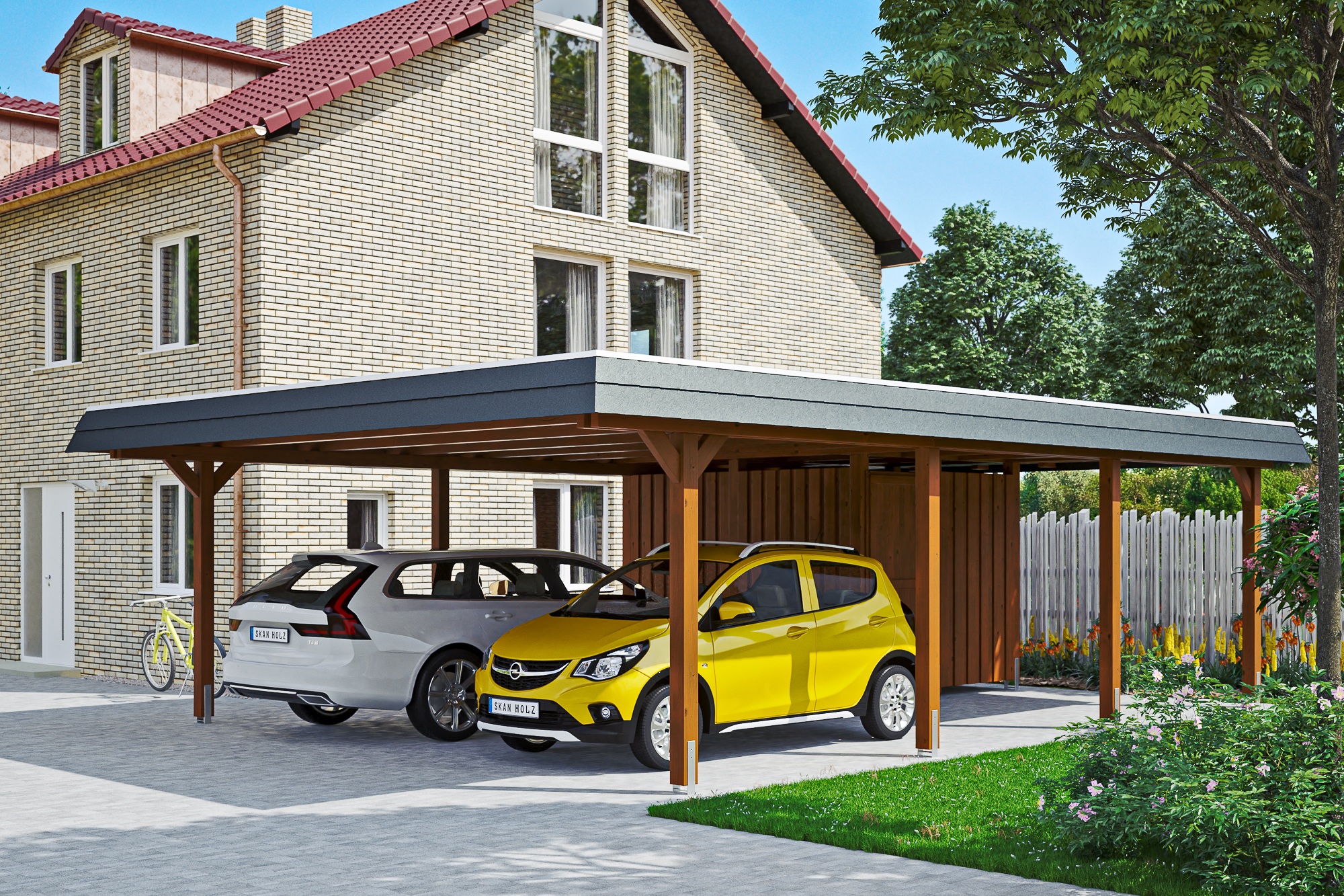 Ambientebild: Carport Wendland 630 x 879 cm, mit Abstellraum, mit schwarzer Blende, farblich behandelt in nussbaum