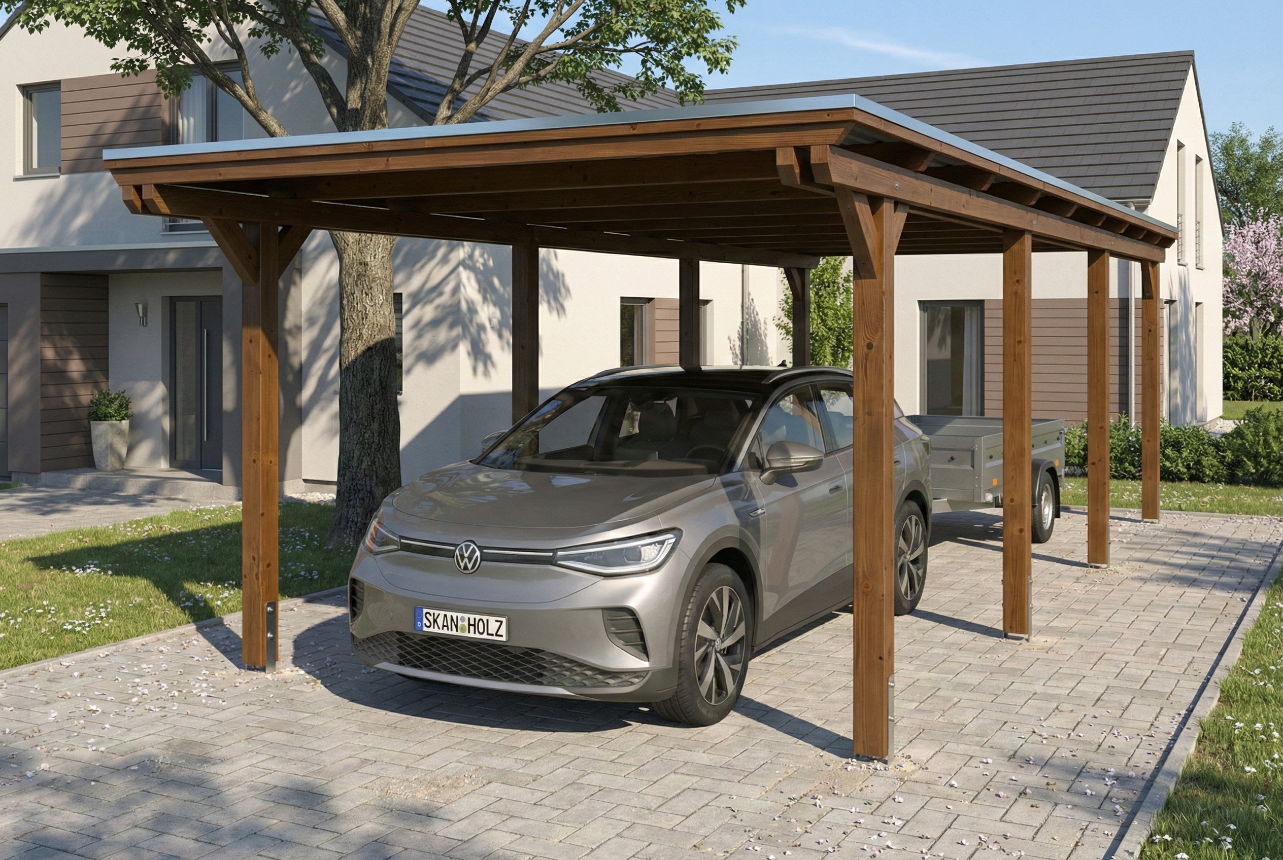 Carport Emsland 340 x 846 cm, stalen dakplaten met antiek condensvlies, walnoot