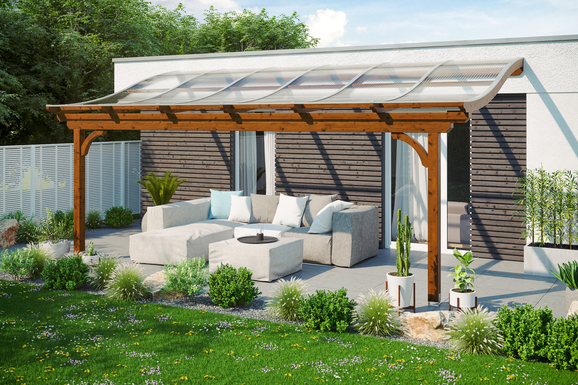 Ambientebild: Terrassenüberdachung Verona, Breite 648 cm, farblich behandelt in nussbaum