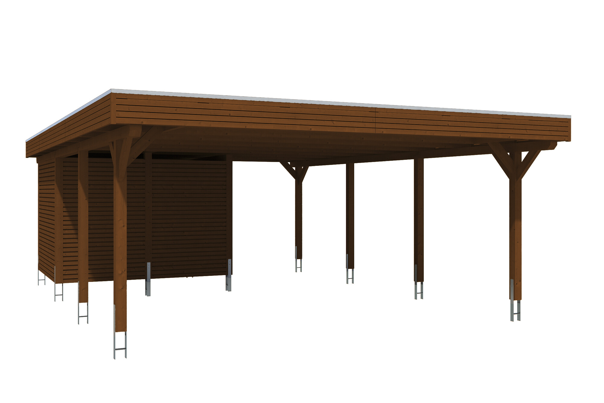 Carport Spessart 611 x 846 cm with storage room, colour pre-treated walnut