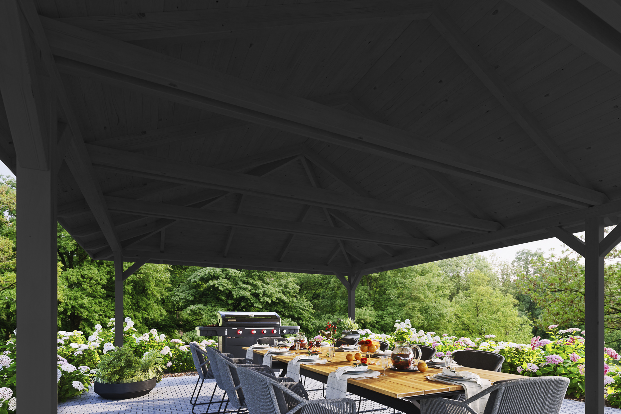 Detailbild: Innenansicht Pavillon Orleans 1, farblich behandelt in anthrazit