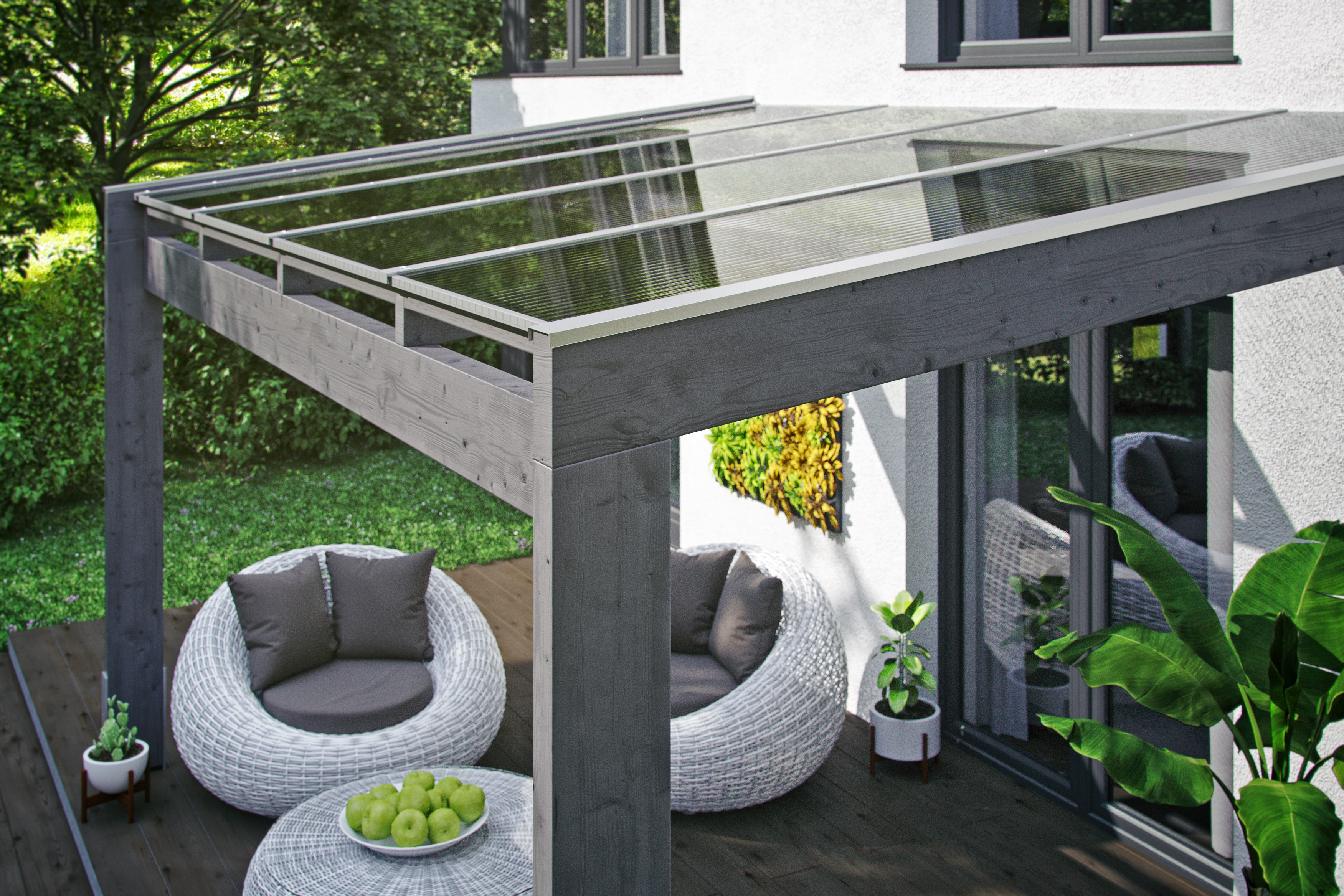 Draufsicht einer Terrassenüberdachung Novara farblich behandelt in schiefergrau