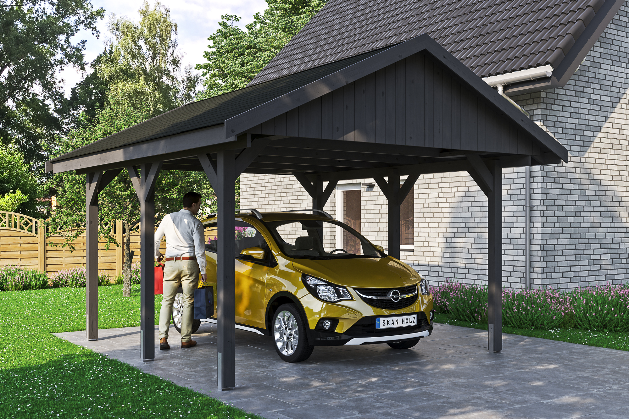 Ambientebild: Carport Wallgau 430 x 500 cm, mit schwarzen Dachschindeln, farblich behandelt in schiefergrau