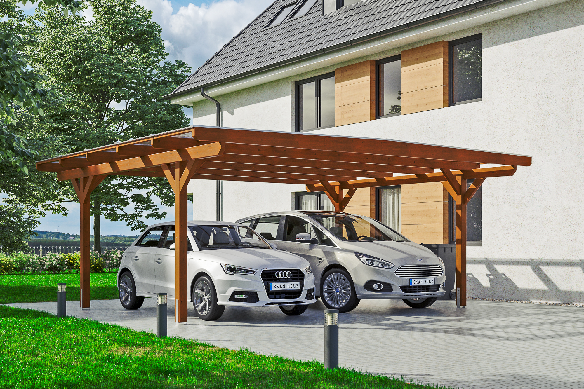 Ambientebild: Carport Odenwald 640 x 541 cm, farblich behandelt in nussbaum