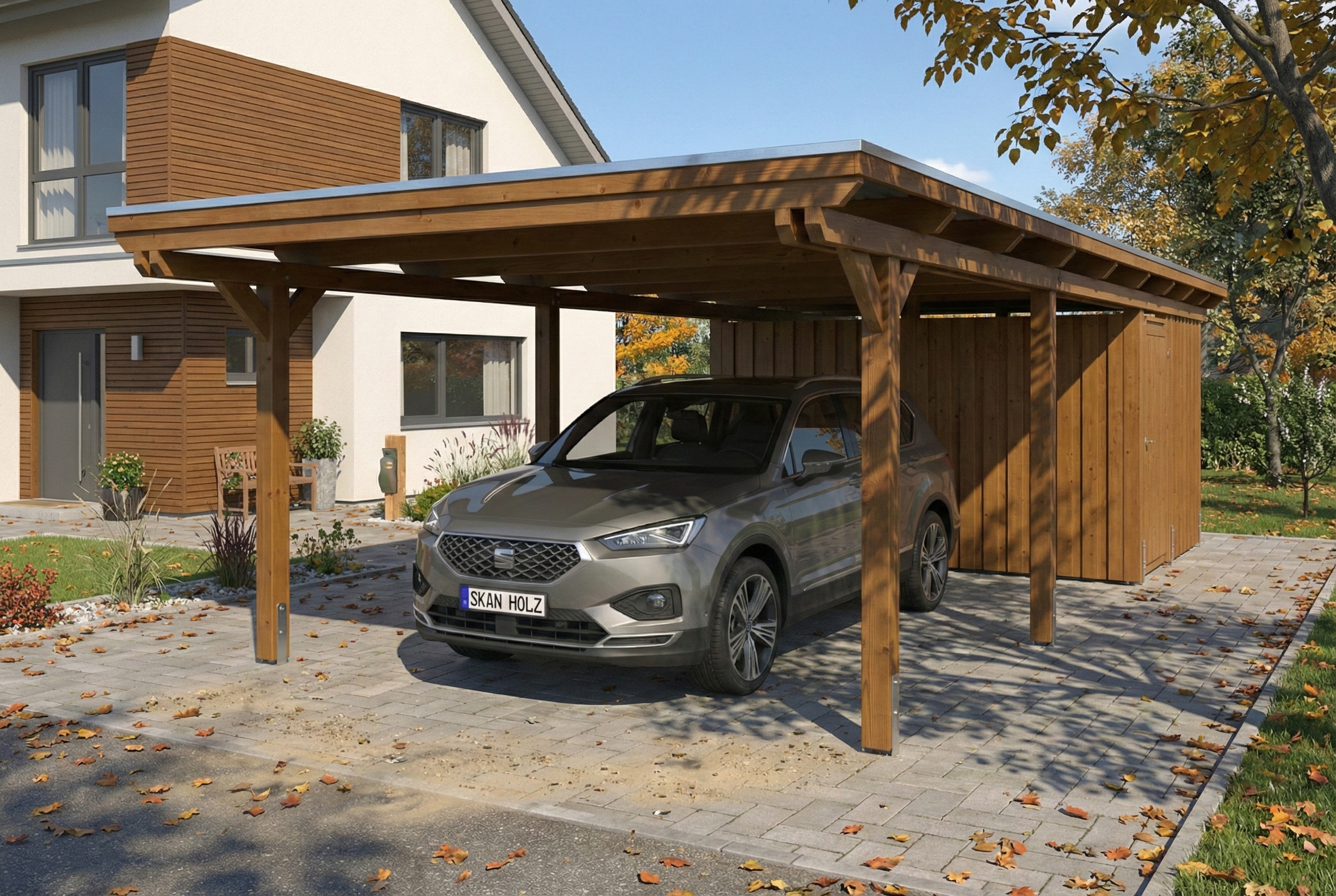 Carport Emsland 402 x 846 cm met EPDM dak, met bergruimte, notenhout