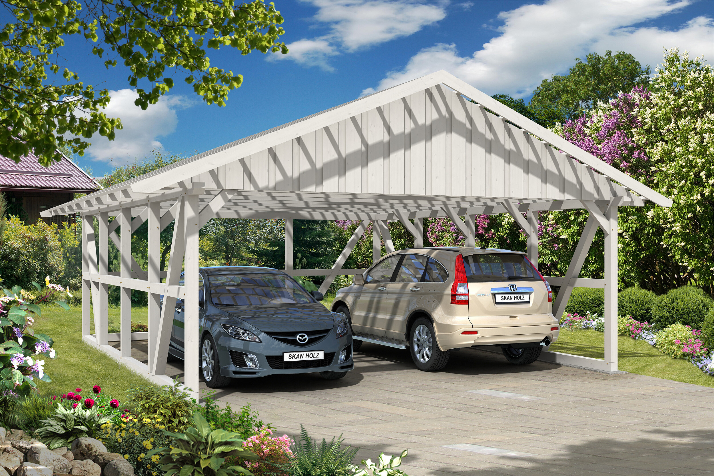 Carport Schwarzwald 684 x 772 cm mit Rückwand, weiß, mit Dachlattung